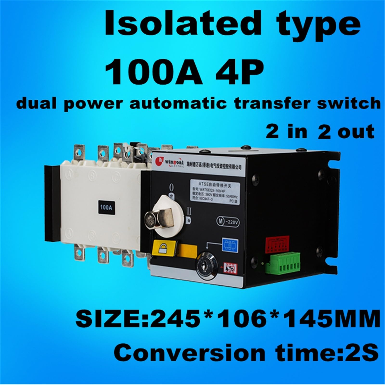 Automatischer Umschalter mit doppelter Stromversorgung, isoliert, 4P, 100 A, 380 V, 2 Eingänge und Ausgänge