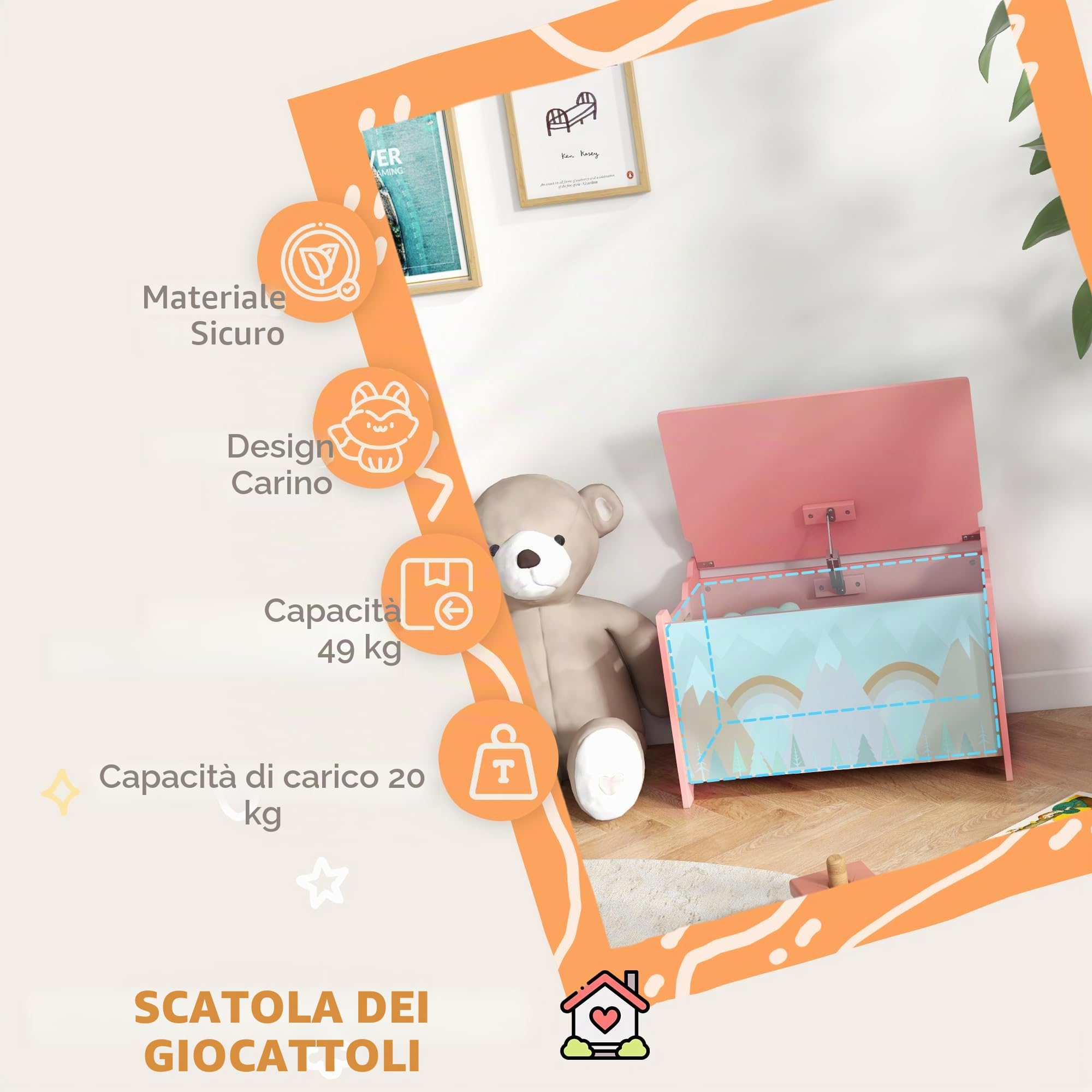 ZONEKIZ Baule giocattoli con coperchio a ribalta 60x37x39cm Rosa
