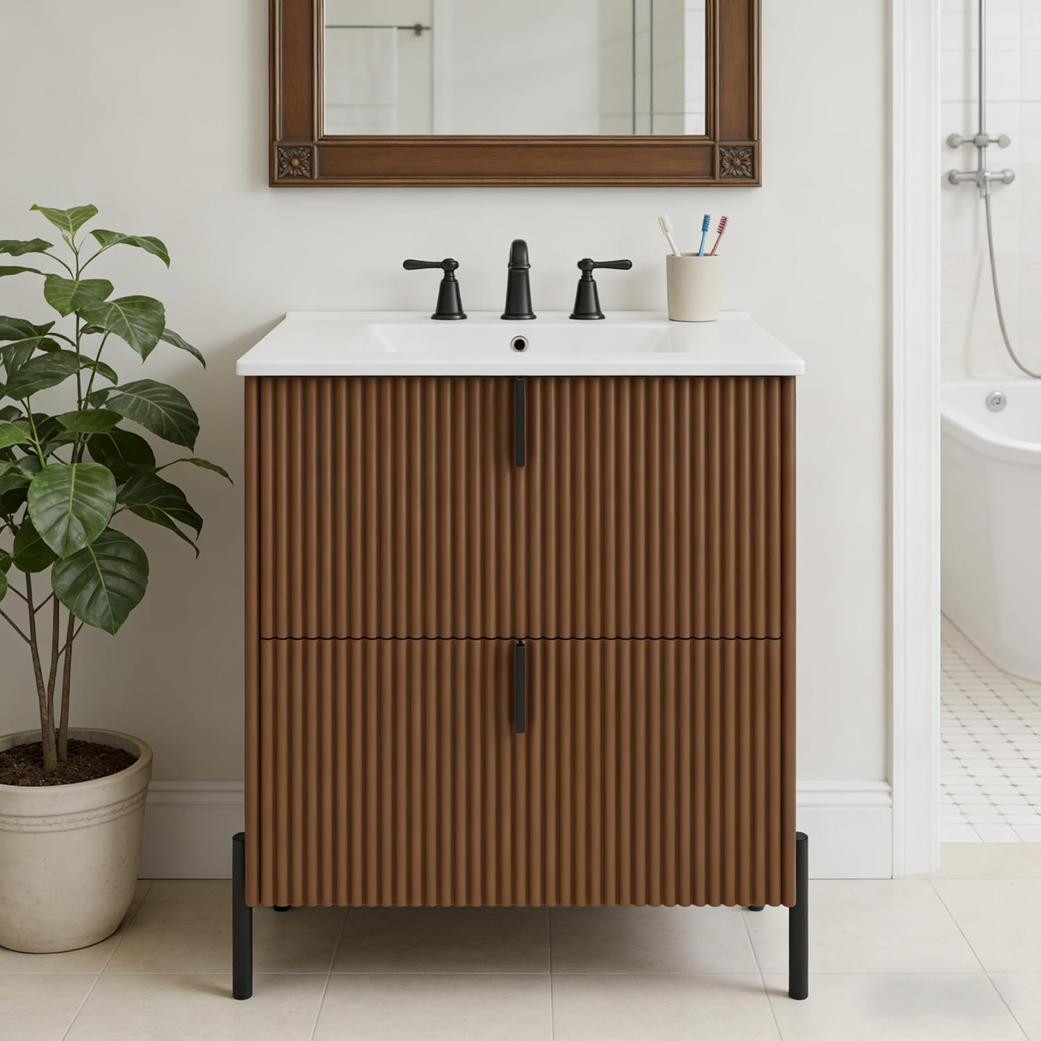 30 Inch Dark Brown Bathroom Vanity with Sink,Modern Reeded Bathroom Vanity with 2 Full-Extension Drawers,Soft Close Side Mount Slides,Metal Legs & Handles
