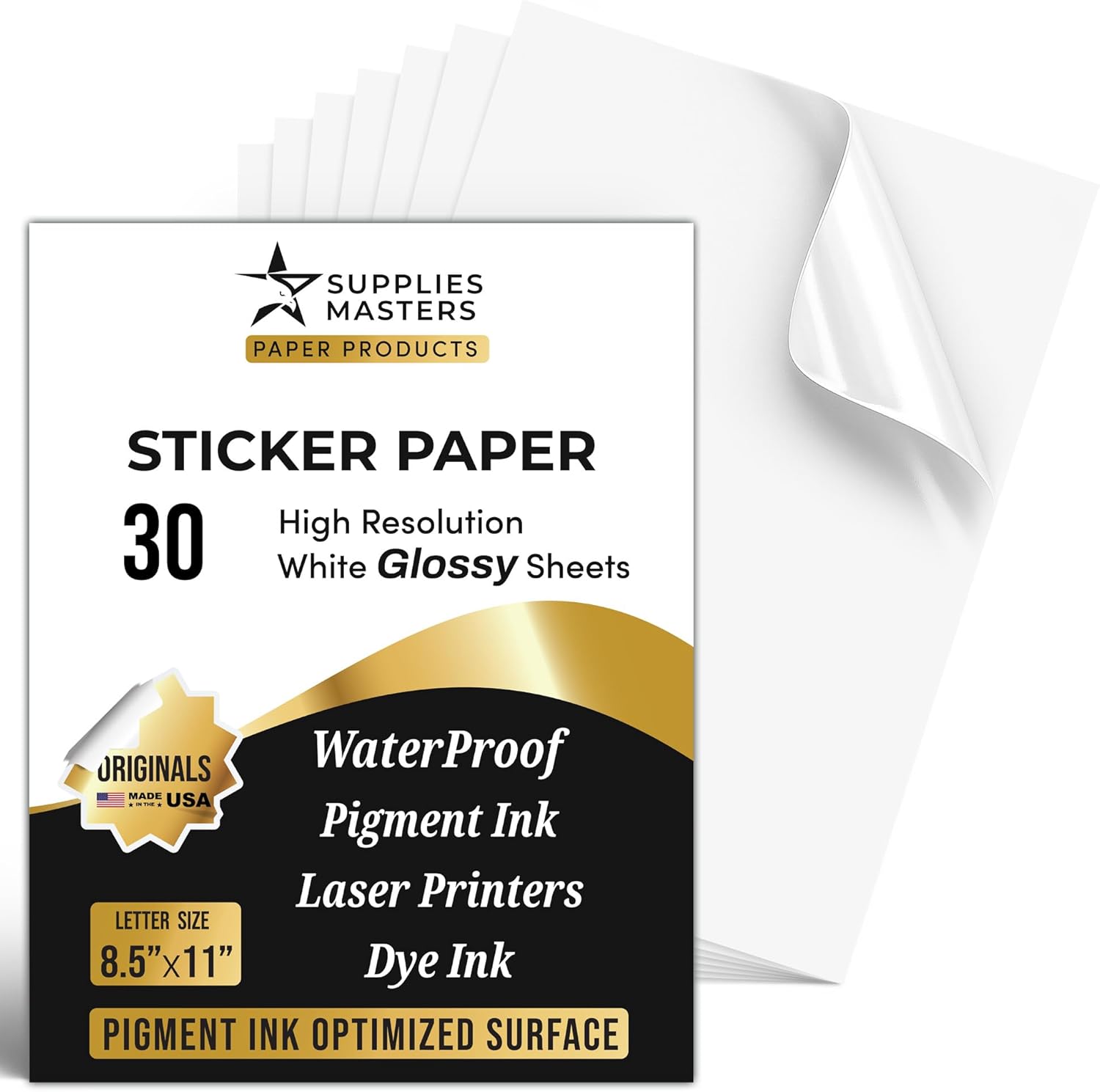 Supplies Masters/50 Glossy Sticker Sheets 8.5 x 11 / Printable Glossy High Resolution Paper for Inkjet Printer (Dyes or PIGMENTS) / Papel Adhesivo Brillante Waterproof (8.5 * 11 in/Letter Size)