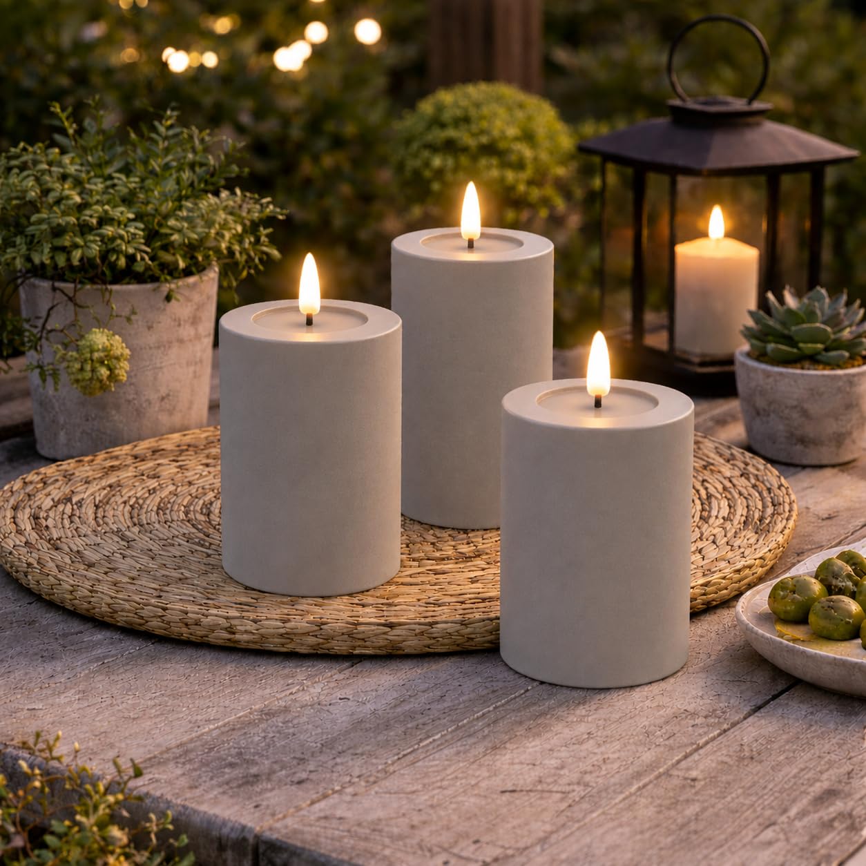 ReWu LED Kerze Deluxe Homeart Outdoor, Staubiges Sand | Kunststoff Kein Echtwachs, Realistische Flamme, Warmweißes Licht, Hitzebeständig für Aussenbereich