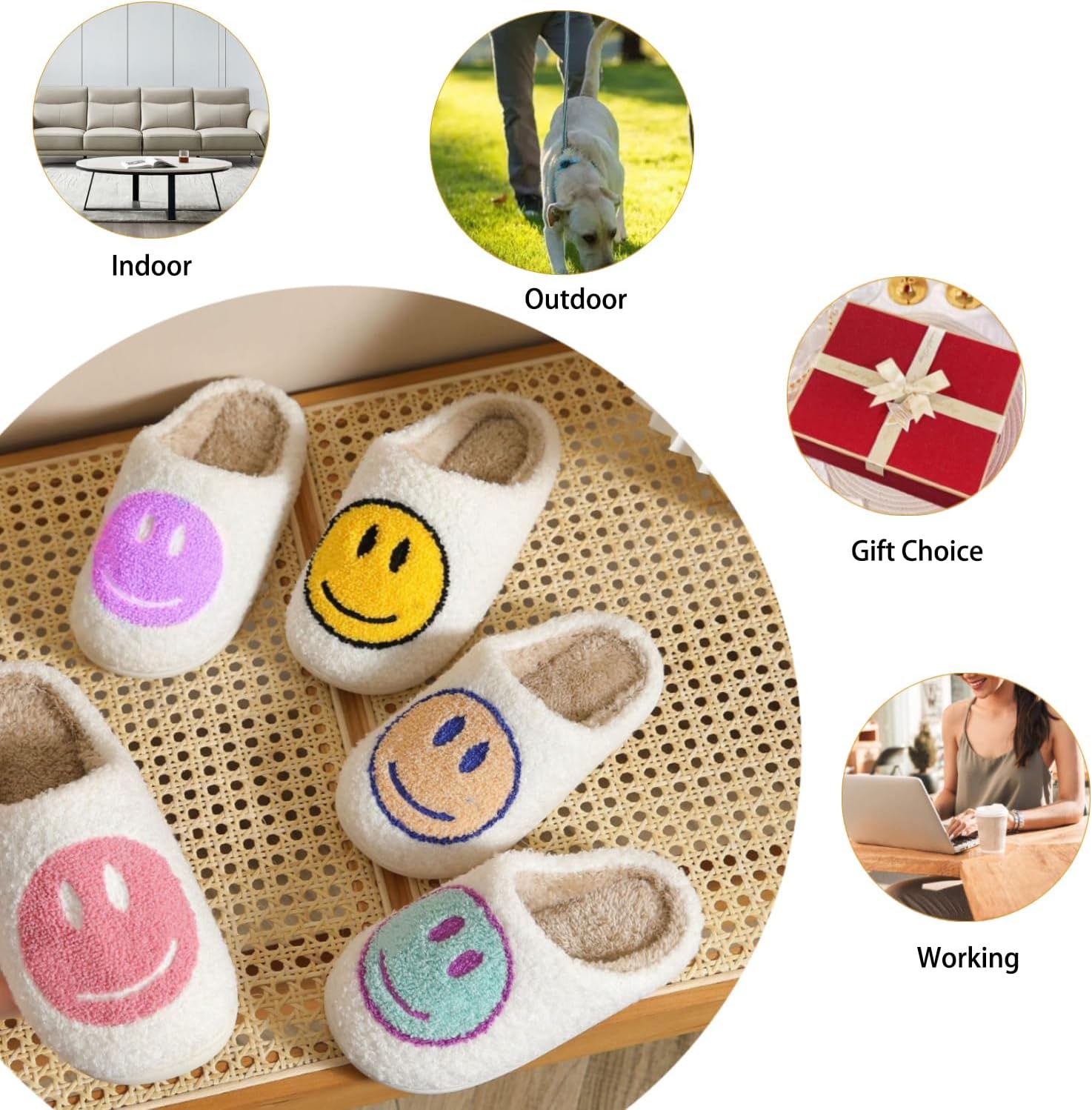 Cute House Slippers for Women Men with Memory Foam Retro Happy Face Cozy Indoor Outdoor Fuzzy Plush Shoes - Image 5