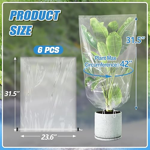 Vista 21 de ANPHSIN 6 piezas de película de invierno para plantas con cordón, cubierta de plástico de 35.4 x 59 pulgadas, protección contra congelación, bolsa