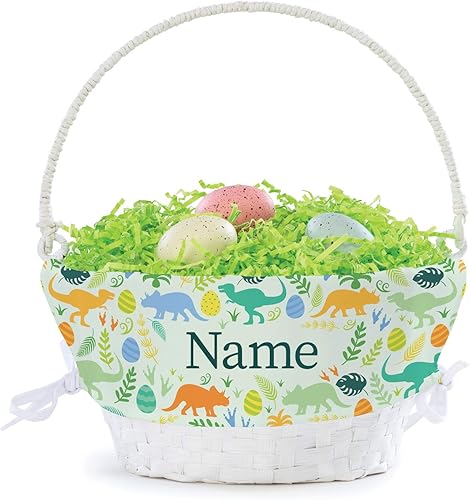Miniatura 3 de Cesta de huevo de Pascua personalizada con patrón de dinosaurio con asa y nombre personalizado, forros de canasta de Pascua verdes, canasta blanca,