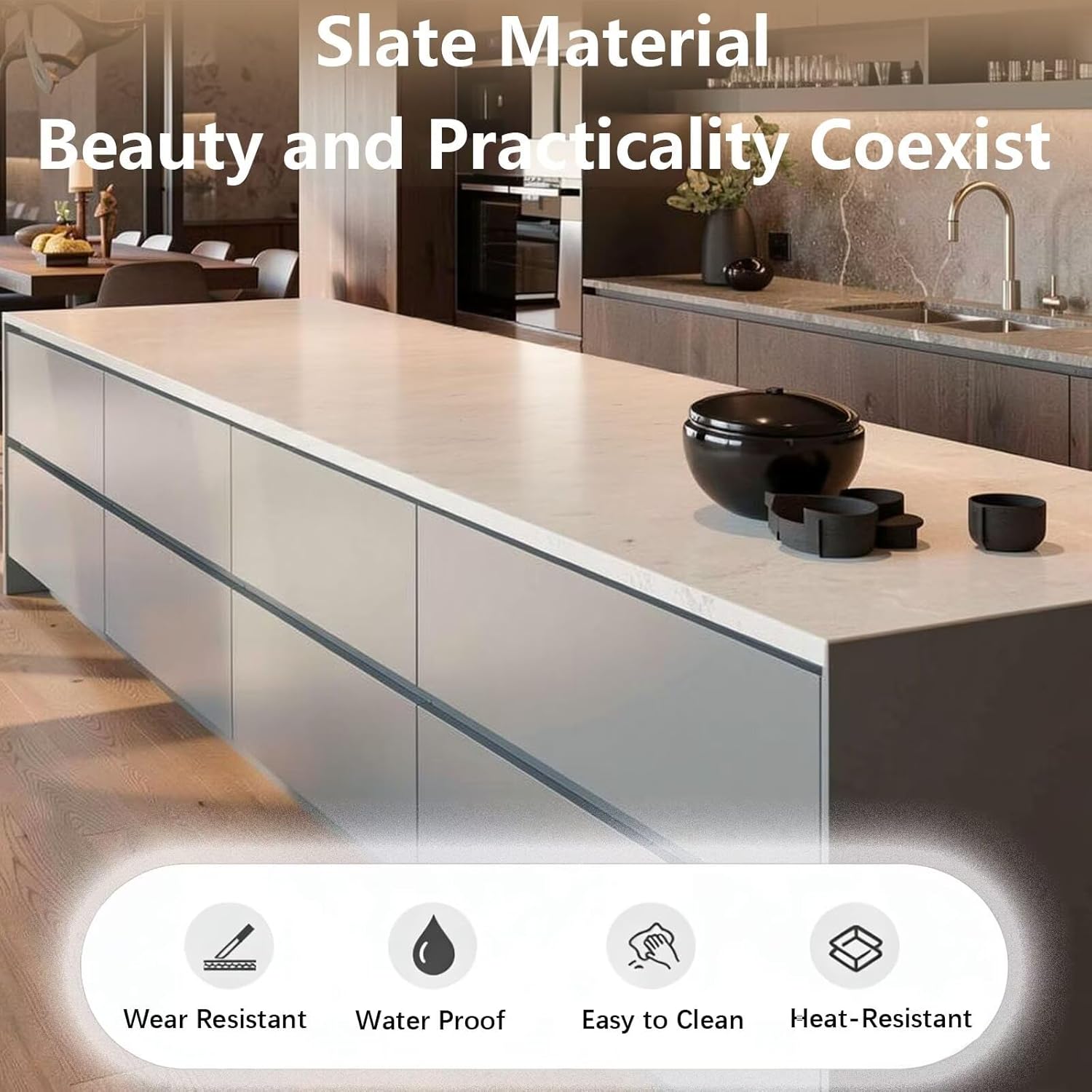 Kitchen Island with Storage - Kitchen Island Table with Slate Surface, Modern Dinner Table Includes Side Cabinet Drawers Power Outlets for 4 People (64IN No Chairs)