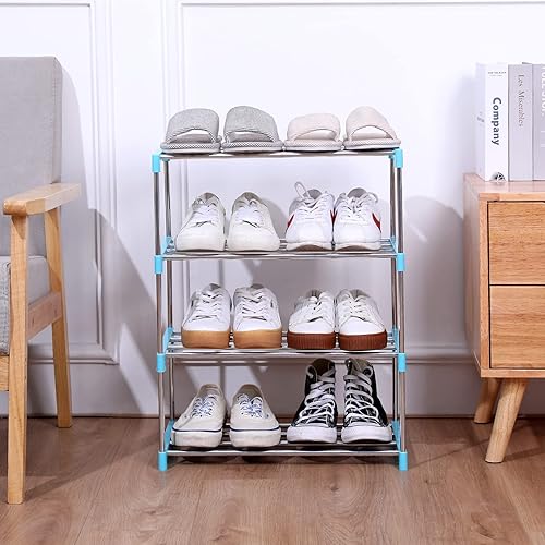 Miniatura 8 de Zapatero pequeño apilable, entrada, pasillo y armario, ahorra espacio de almacenamiento y organización (4 niveles, azul)