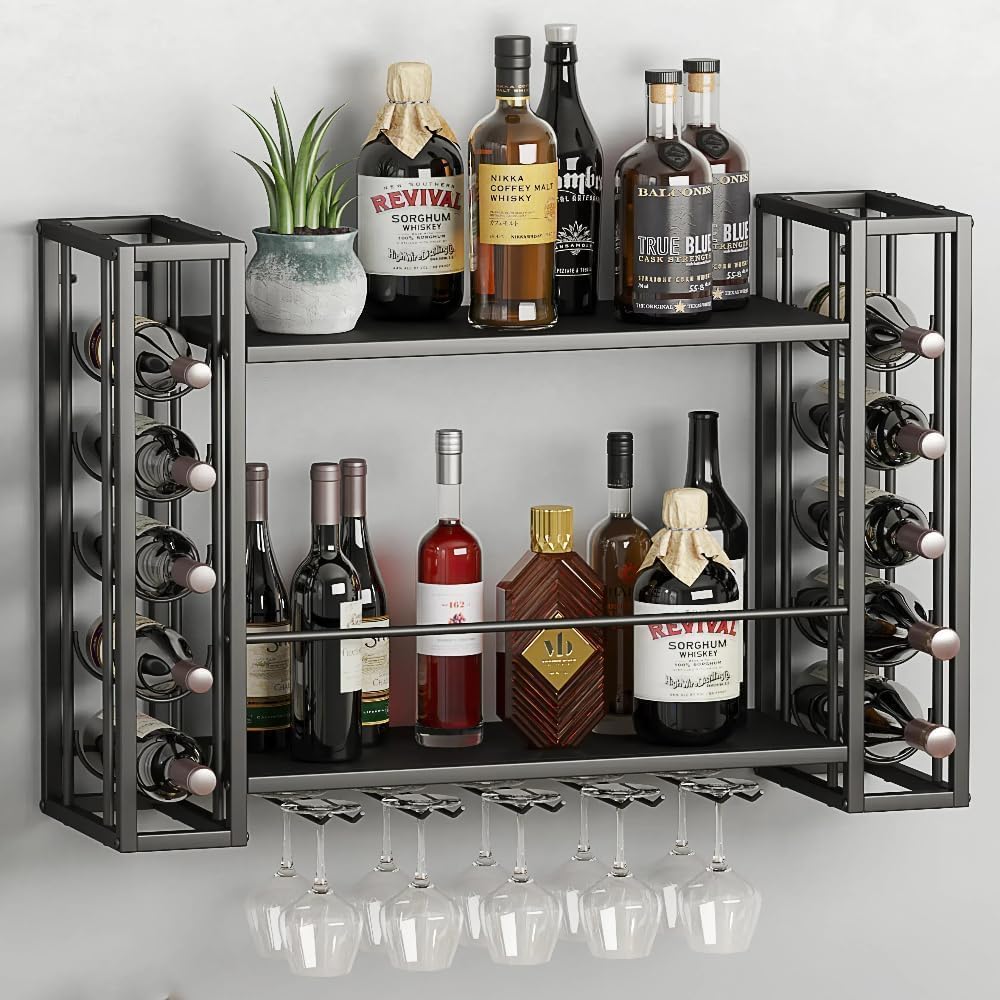 ZAOBAS Wall Mounted Wine Rack, Wine Rack Wall Mounted with Wine Glass Rack, 2-Tier Multi-Functional Shelf for Home Restaurant Bar Storage Rack (Black, 48" W x 9.8" D x 21.6" H)