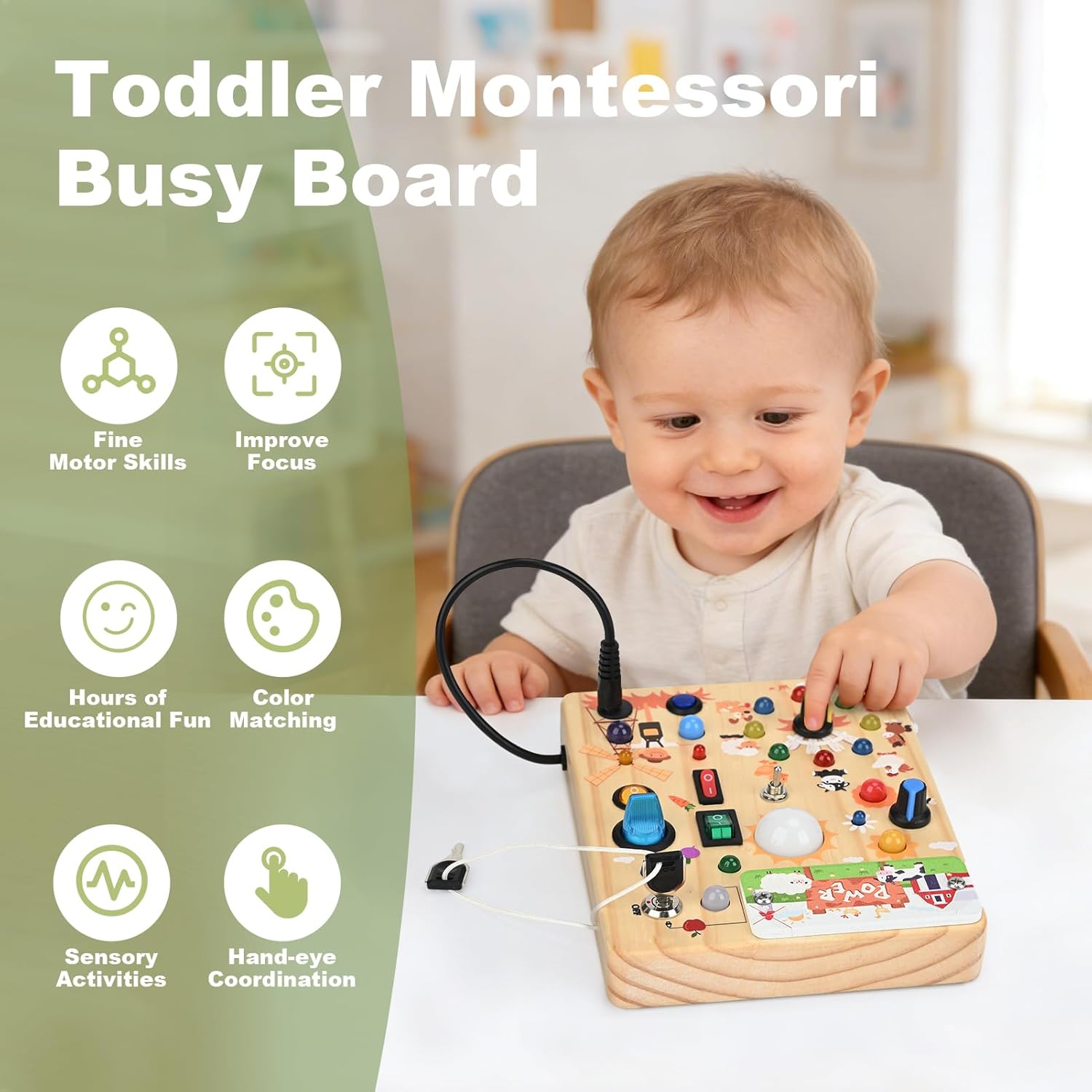 Busy Board for Toddlers 1-3 - Montessori Educational Sensory Toy with 10 Switches & 19 Lights, Activity Board for Fine Motor Skills, Travel Toys for 1+ Year Old Boy & Girl Birthday Gift（Farm Theme）