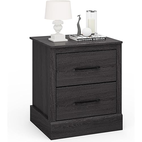 Giantex Farmhouse Nightstand, Wood Bedside Table with 2 Storage Drawers, Compact Floor Night Stand End Table, Accent Sofa Side Table for Bedroom, Grey Oak
