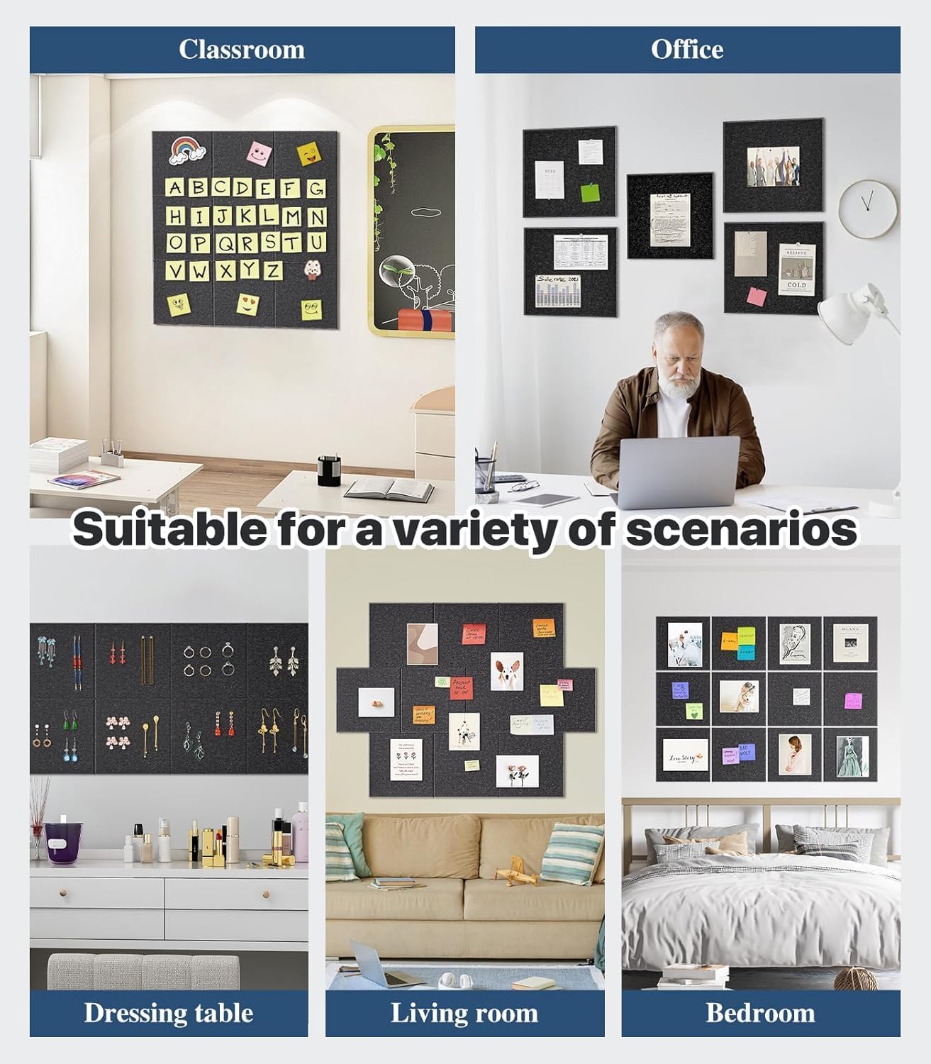 BOGOTA 4 Pcs Black Felt Bulletin Board Self-Adhesive Wall Boards with 50pcs Drawing Pins Notice Board for Home Vision Board for Manifestation Pin Board for Study Room Bulletin Board Office Accessories 4