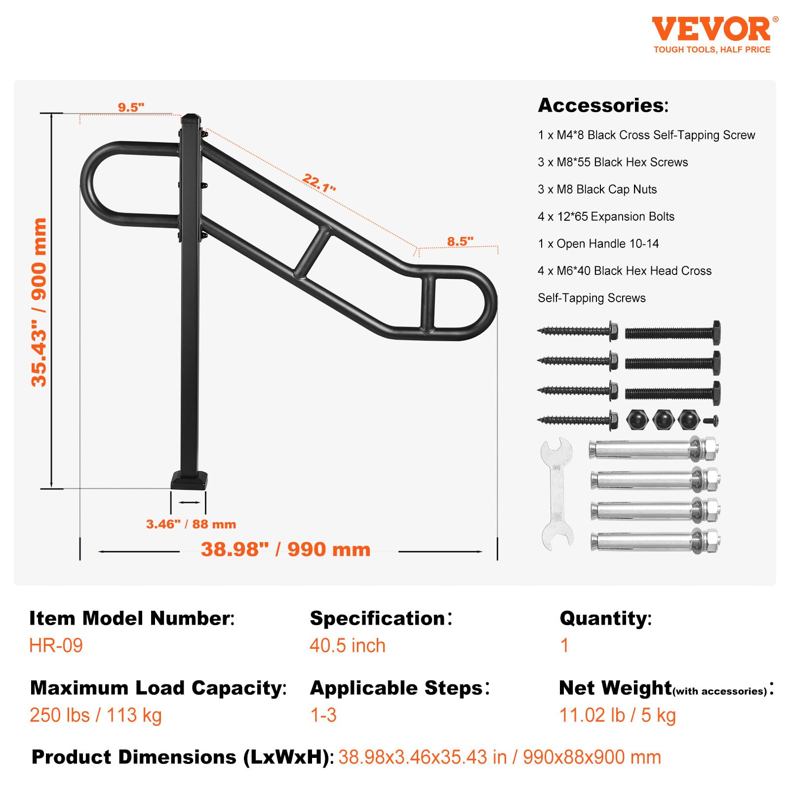 VEVOR Corrimano Singolo per Esterni 1029 mm x 900 mm Corrimano per Scale Piegato in Metallo 1 a 3 Gradini, Ringhiera per Scale in Acciaio al Carbonio, 2 Barre Trasversali Antiscivolo per Garage