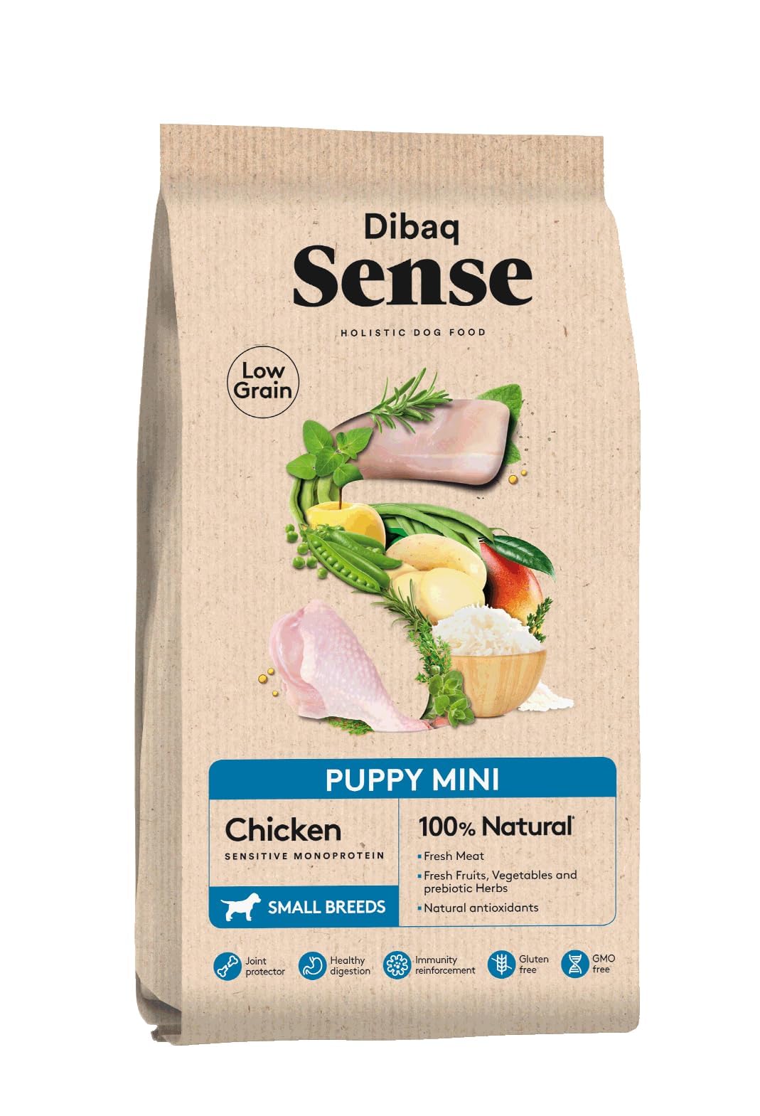 Sense Dog Low Grain Puppy Mini Food with Fresh Chicken with Fresh Fruits & Vegetables and Prebiotic Herbs Protein Balanced Nutrition for Sensitivity-Friendly Growth (Size-2 Kg),Whole