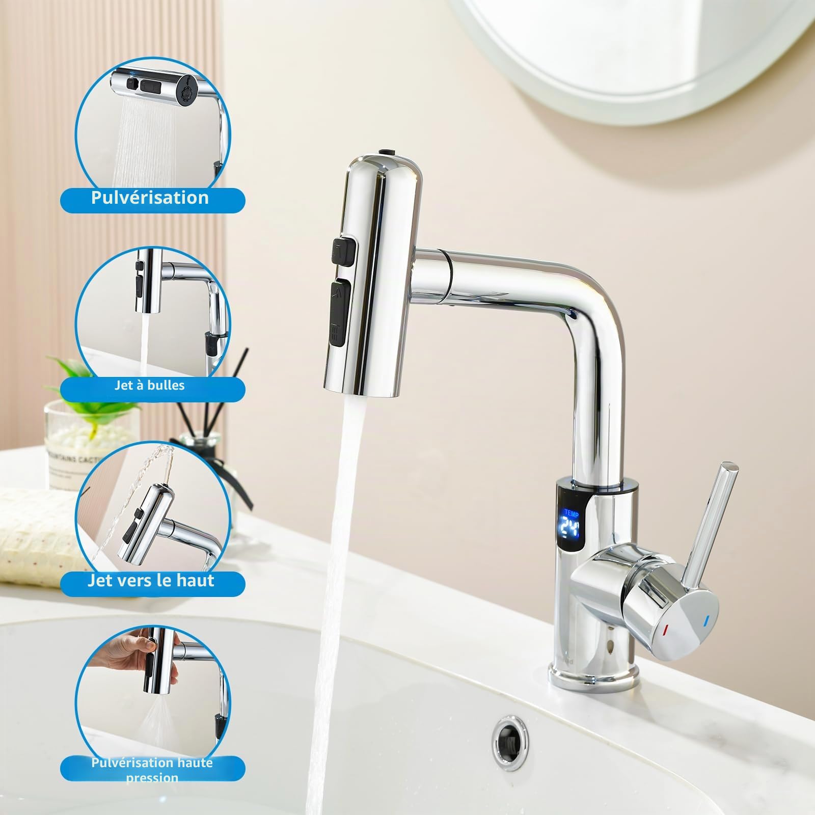 Robinet Salle de Bain Mitigeur Lavabo écran LED Temp, Douchette