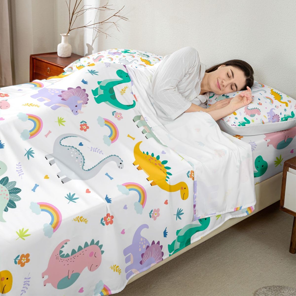 Homewish Juego de sábanas de dinosaurio verde y blanco tamaño King