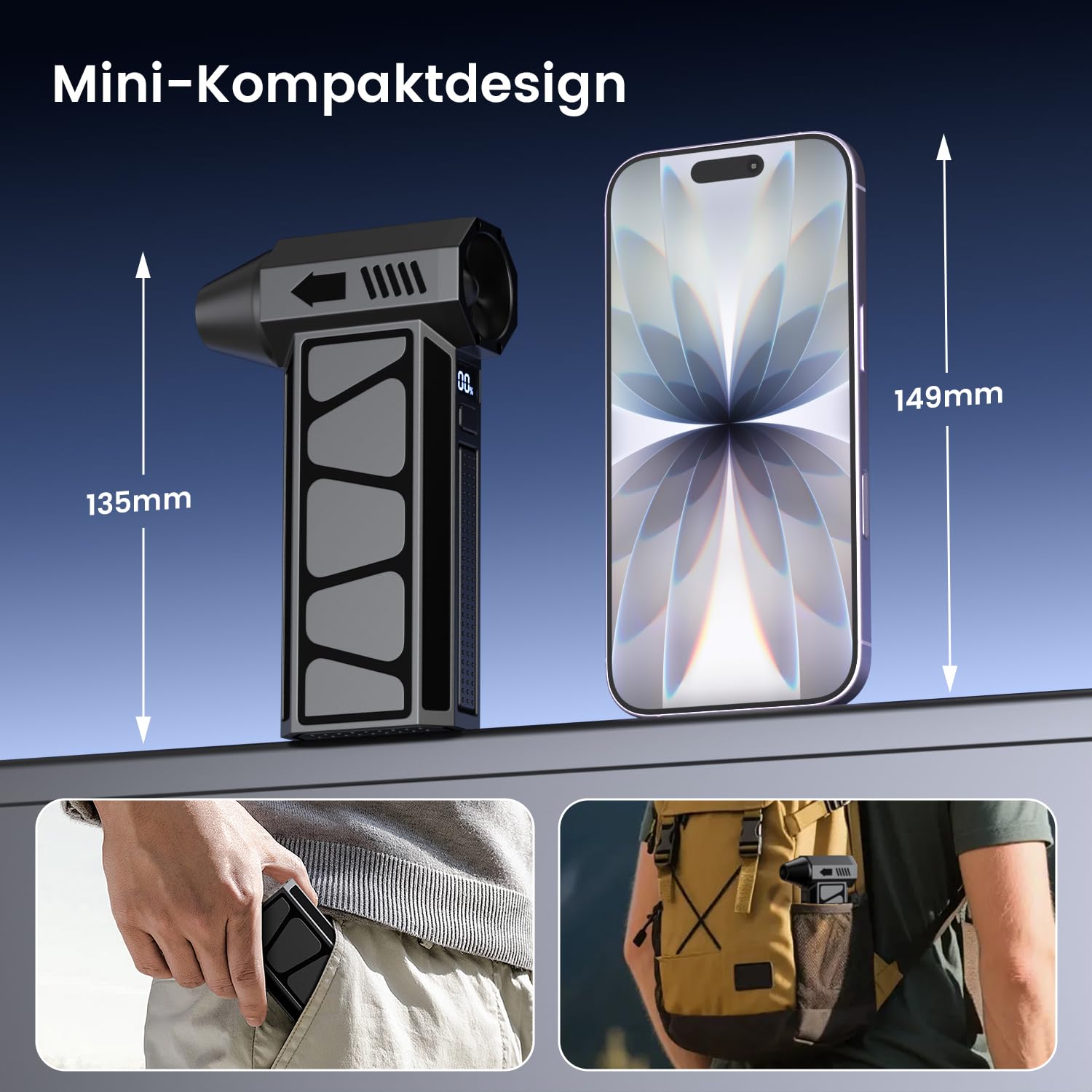 HSSNS Mini Gebläse Akku 150000RPM 4-Gang Electric Air Duster 2-in-1 Staubgebläse 10.000mAh