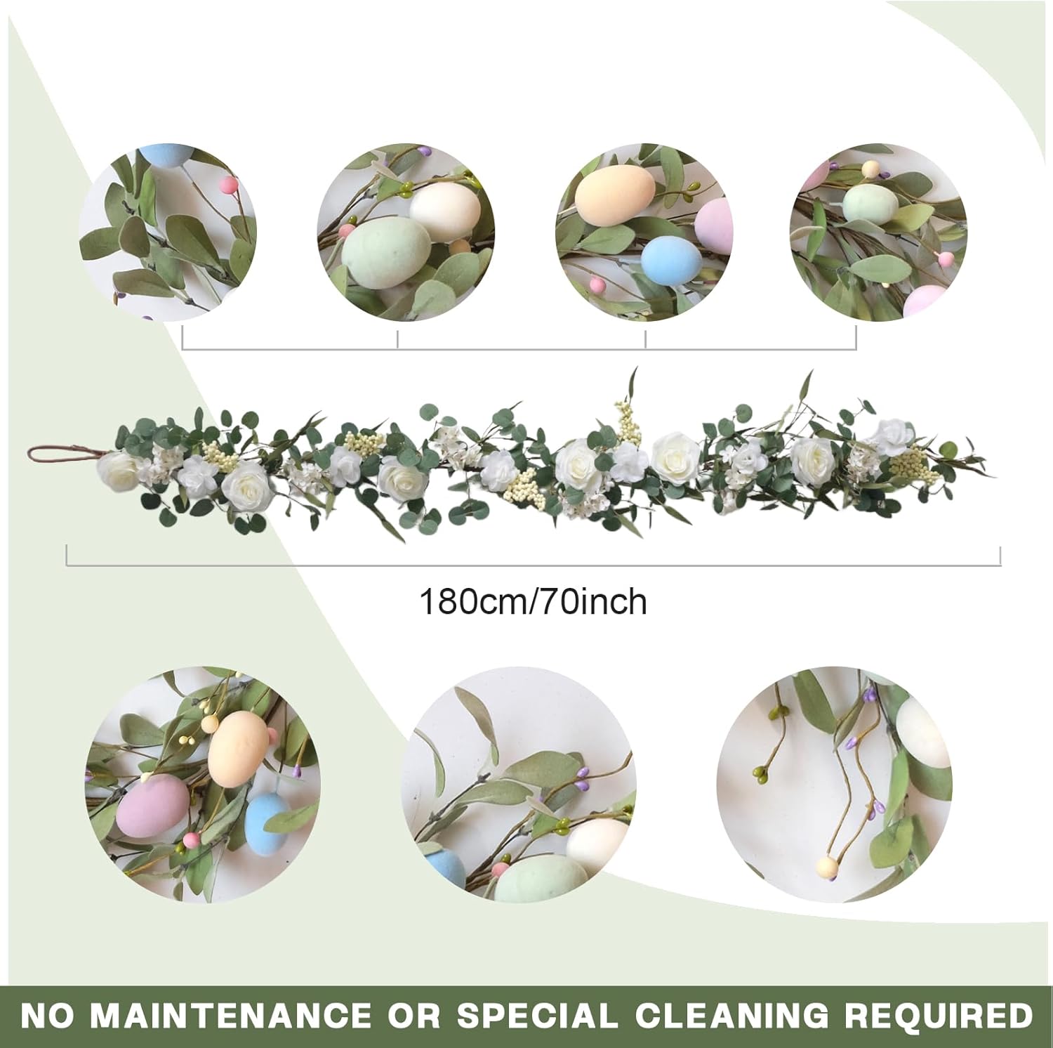 TEMPUS 6Ft Easter Artificial Garland with Eggs, Spring Mixed Lamb's Ear Leaves, Farmhouse Hanging Rustic Decor for Front Door, Kitchen, Fireplace, Home, Indoor & Outdoor