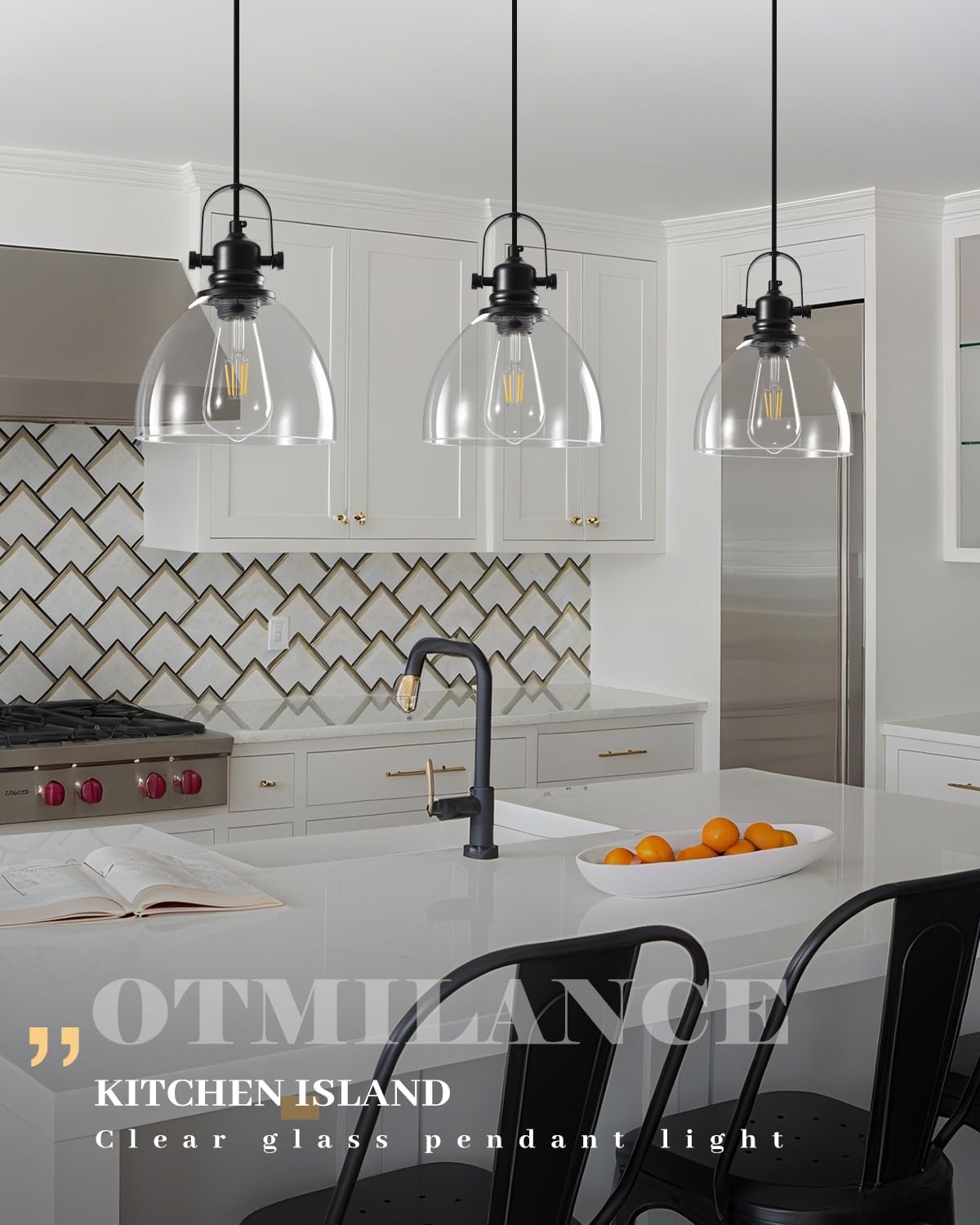 Black Pendant Lights Kitchen Island, 7.5'' Modern Glass Pendant Light 2 Pack, Farmhouse Pendant Lights with Clear Glass Shades, Hanging Island Pendant Lights for Kitchen, Bedroom, Bathroom