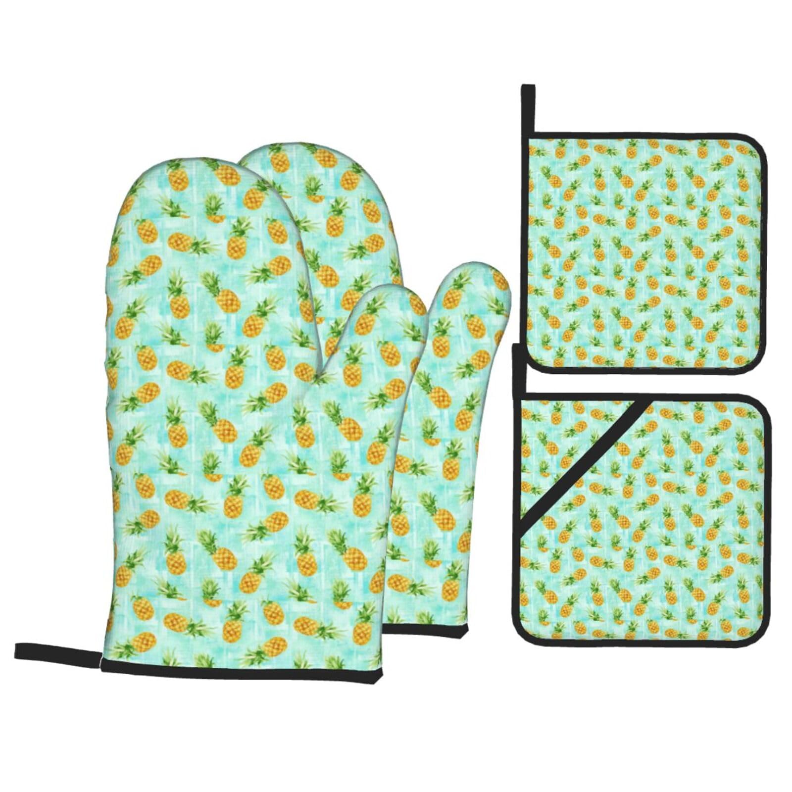 Green pineapple. Print 4-Piece Oven Microwaving Set Waterproof Kitchen Gloves for Baking Grilling Cooking