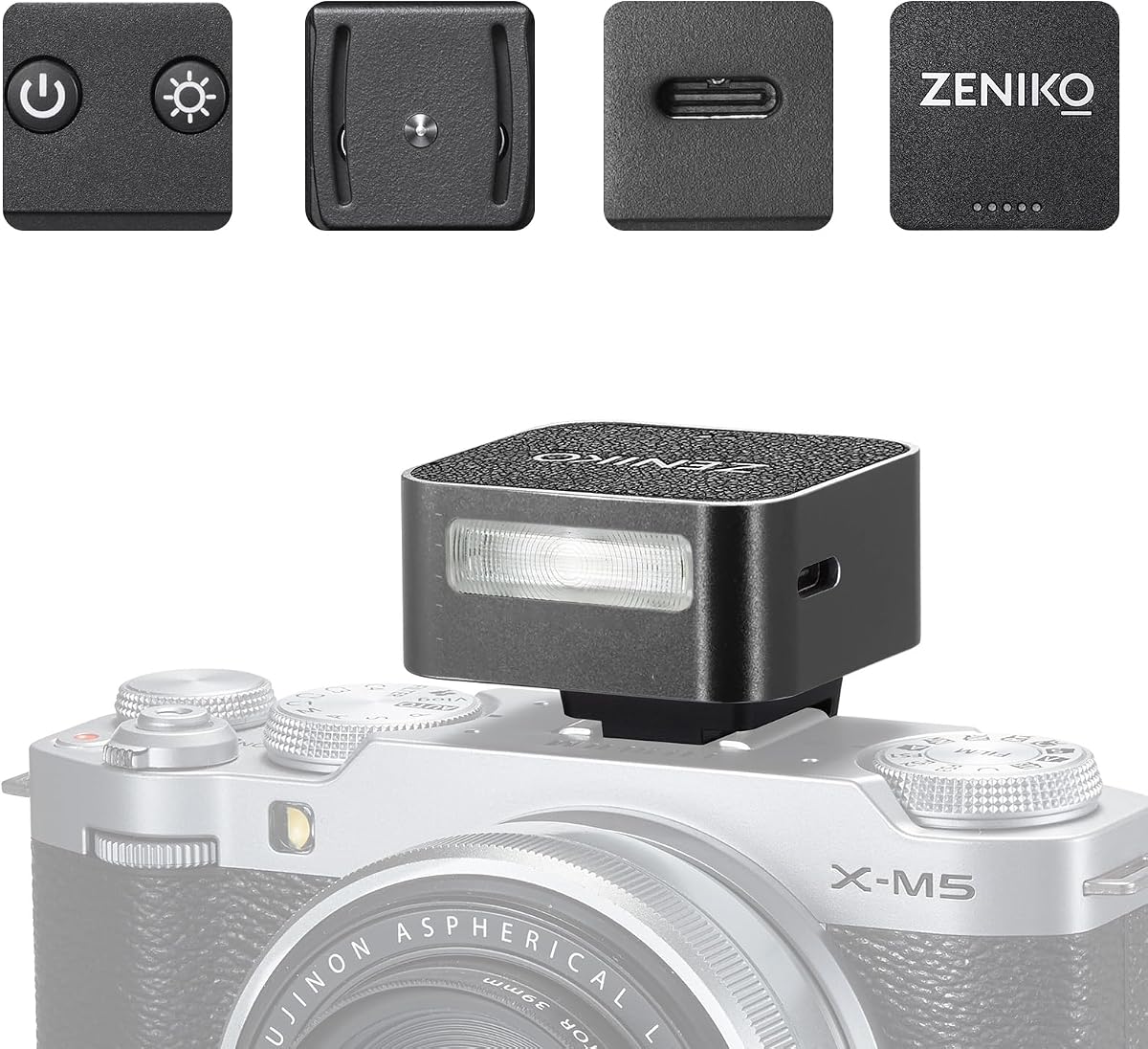 ZF08 Aluminum Mini On‑Camera Flash for Canon Nikon Sony Fuji(Black) | 440 Full-Power Mini Speedlite,Universal Hot Shoe, 470mAh Battery, CCT 6500K±200K, Travel Vlog Portrait Photography Accessory