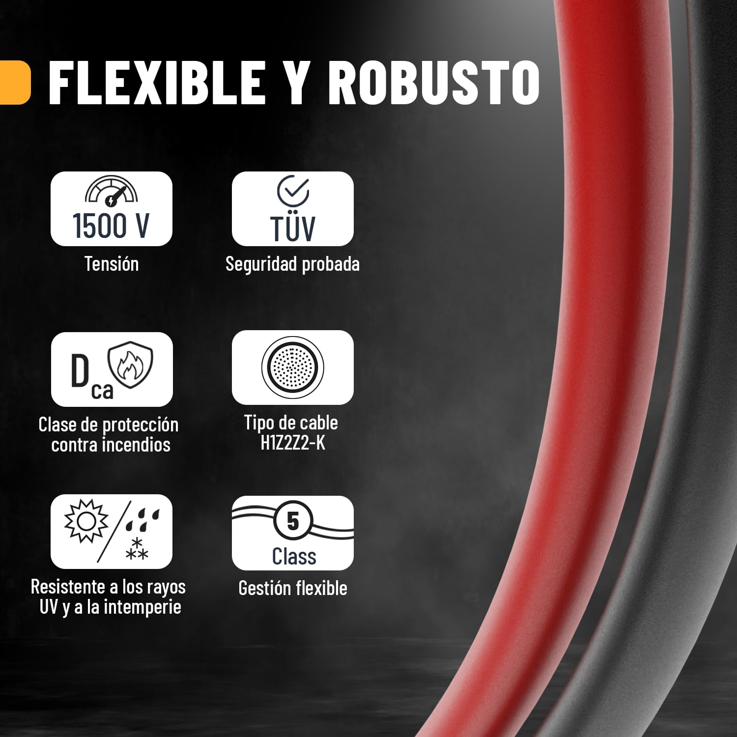 ABSINA Cable Solar Negro y Rojo H1Z2Z2-K 2x5m 4mm² Resistente a UV Para Panel y Placa Solar Con Enchufe