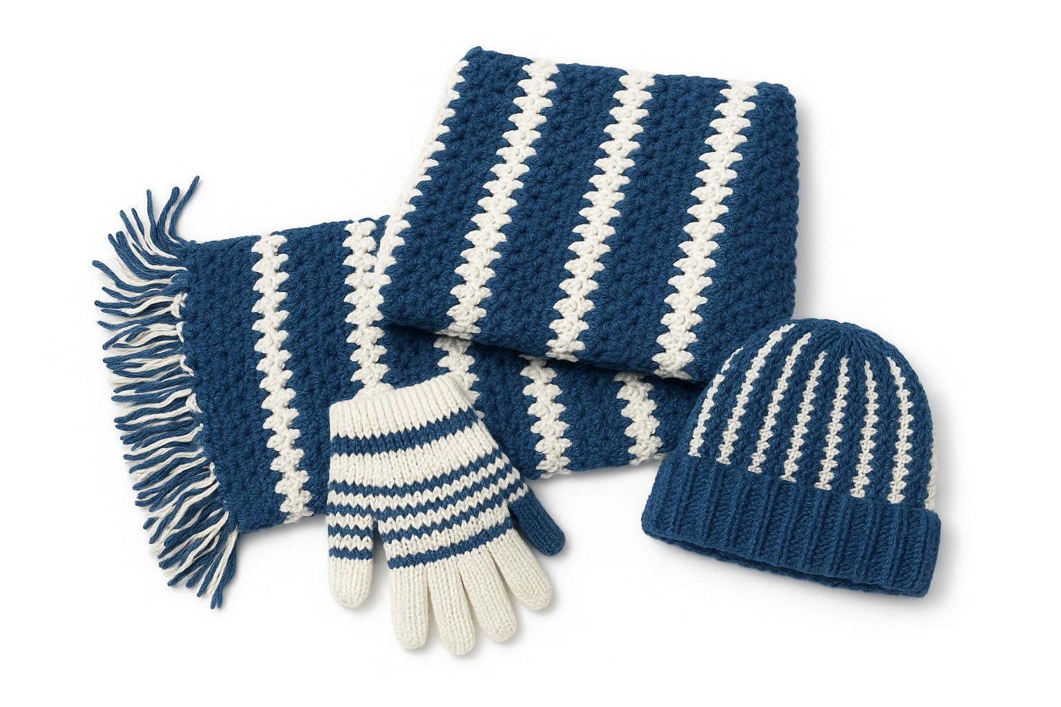 Winter Knit Set with Beanie Hat, Scarf and Gloves, Blue and White Striped Pattern, Warm Winter Accessories for Unisex, Men and Women-image-25