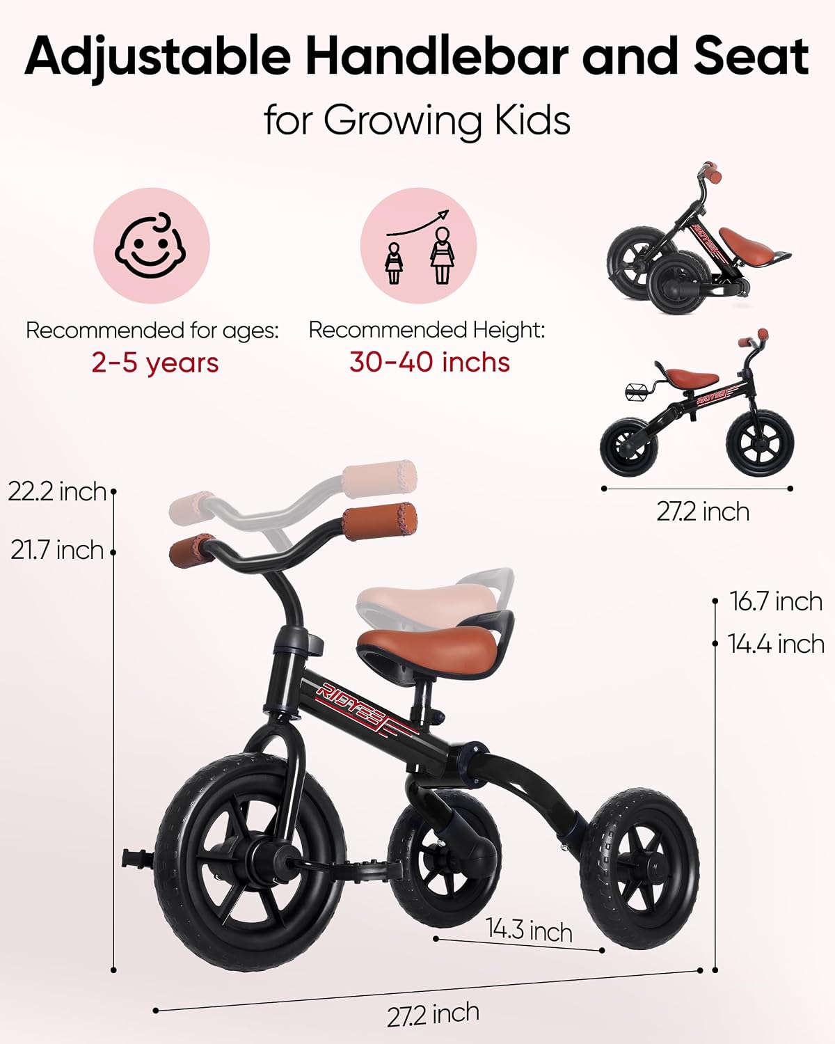 RIDYEE 3-in-1 Foldable Tricycle and Balance Bike for Toddlers 2 to 5 Years, Tricycle for 2 Years with Adjustable Handlebar and Seat, Tricycles for 3-5 Years with DIY Plate, Black