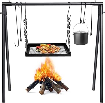 Campfire Swing Cooking Grill Stand, Collapsible Campfire Cooking Rack with Adjustable Iron Grill Grate and Hooks for Outdoor BBQ Picnic Cookware Party Dutch Oven