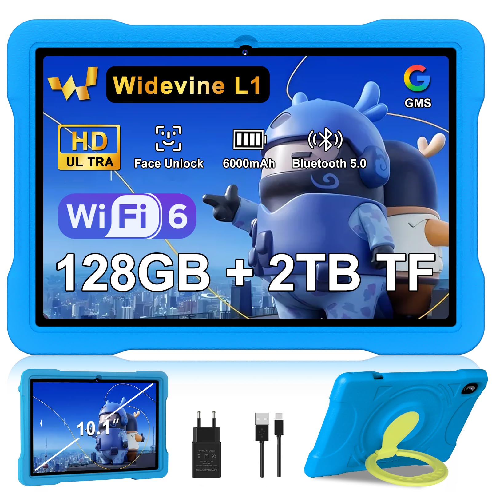 Tablet 10 Pollici Android con 5G + 2.4G WiFi 6, 20GB RAM + 128GB ROM(TF/2TB), Giochi Educativi Software (iWAWA), Octa-Core, 1080 * 800 FHD IPS, 5MP + 5MP, Bluetooth 5, 2025 Newest Tablet con EVA, Blue