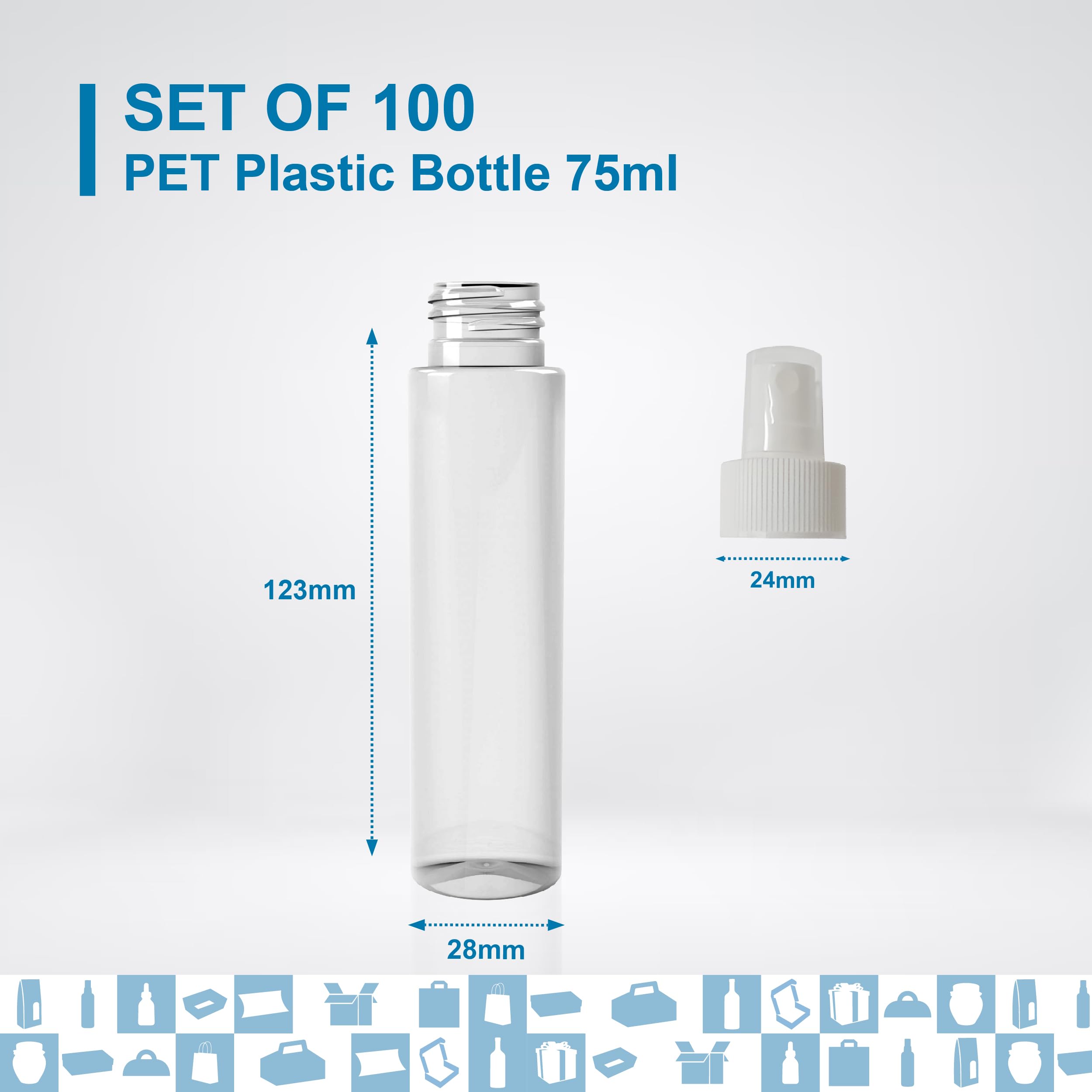 Espirito Rebelde Confezione da 100 flaconi spray vuoti in plastica trasparente da 75 ml, flaconi spray riutilizzabili per cosmetici, profumi, oli essenziali, viaggi, spray