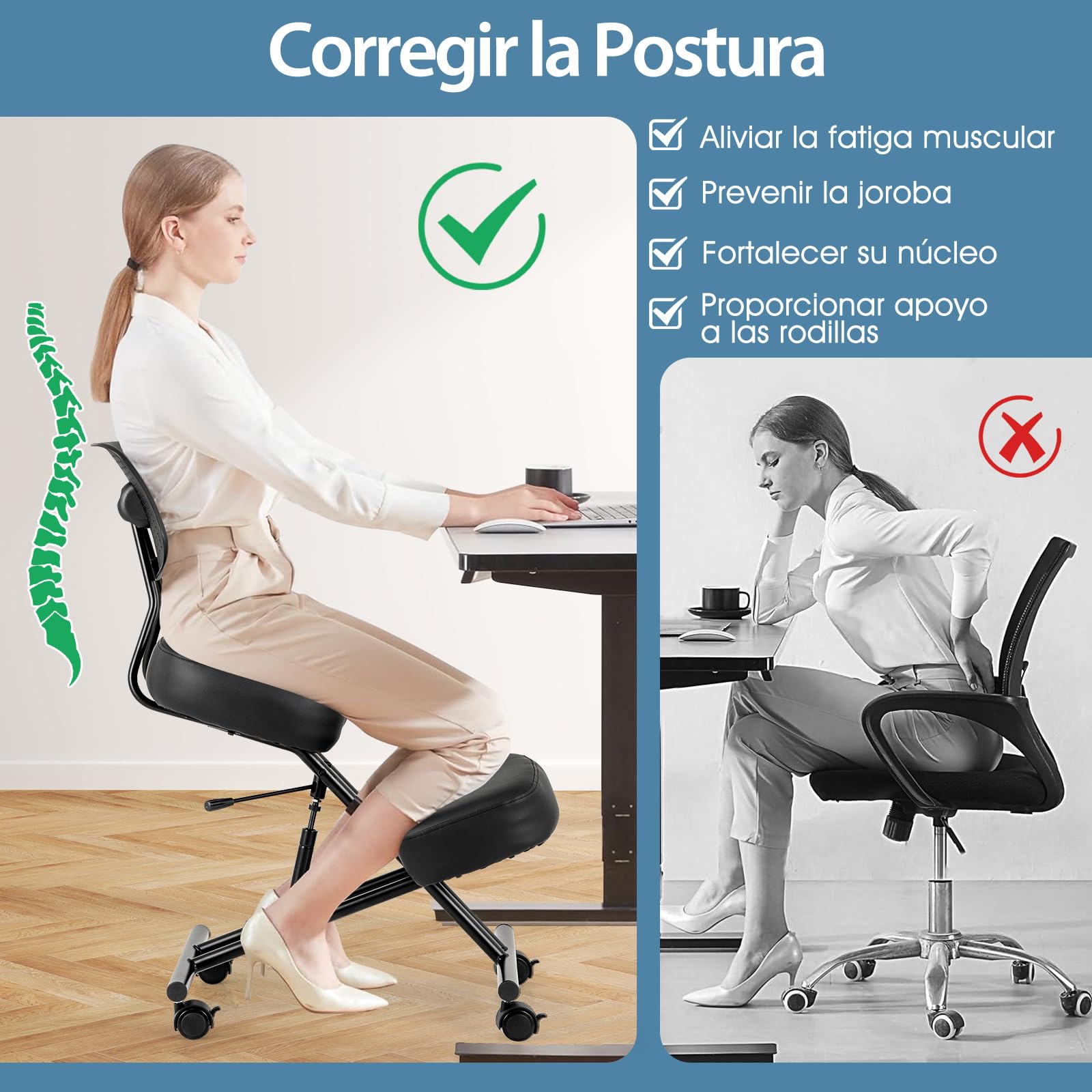 COSTWAY Silla Ergonómica Rodillas con Respaldo, Ajustable en Altura, Taburete Corrector de Postura con Asiento Inclinado, Silla Oficina con Ruedas Universales Bloqueables, 64,5-84,5 x 46 x 87-103 cm