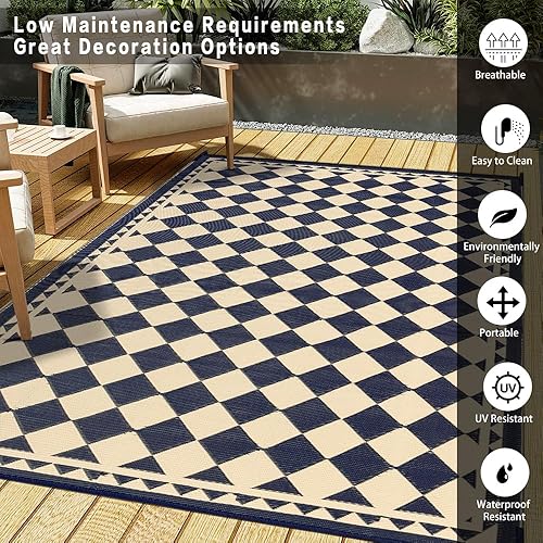 Miniatura 97 de HUGEAR Alfombra impermeable de plástico para exteriores, 5 x 8 pies, lavable, reversible, alfombra a rayas de arco iris, para camping, caravana