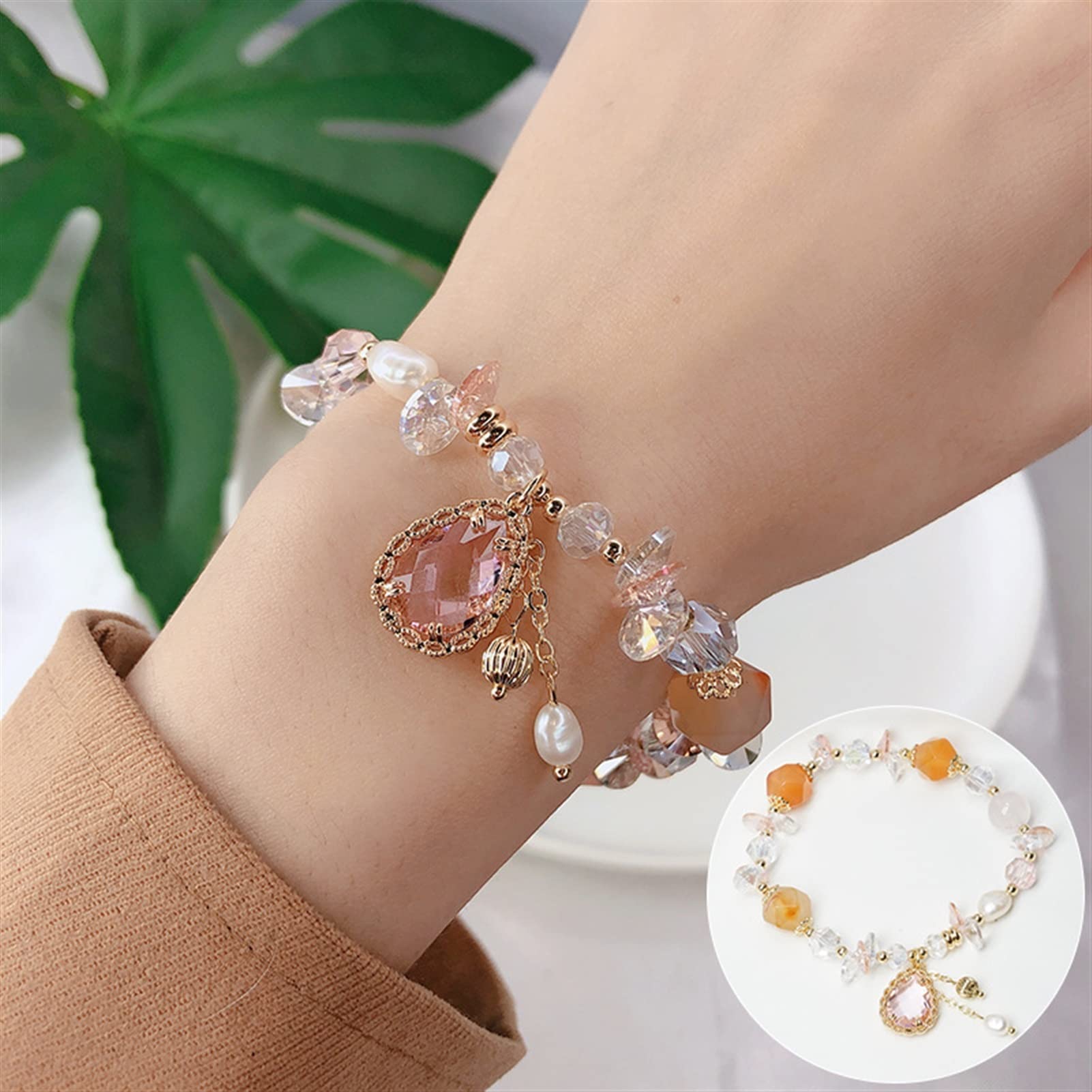 Bohemia Colgante de Gota de Agua Perlas Naturales de Agua Dulce Color Caramelo Cuentas de Piedra de Cristal Pulseras para Mujeres joyería de Moda Pulsera joyería