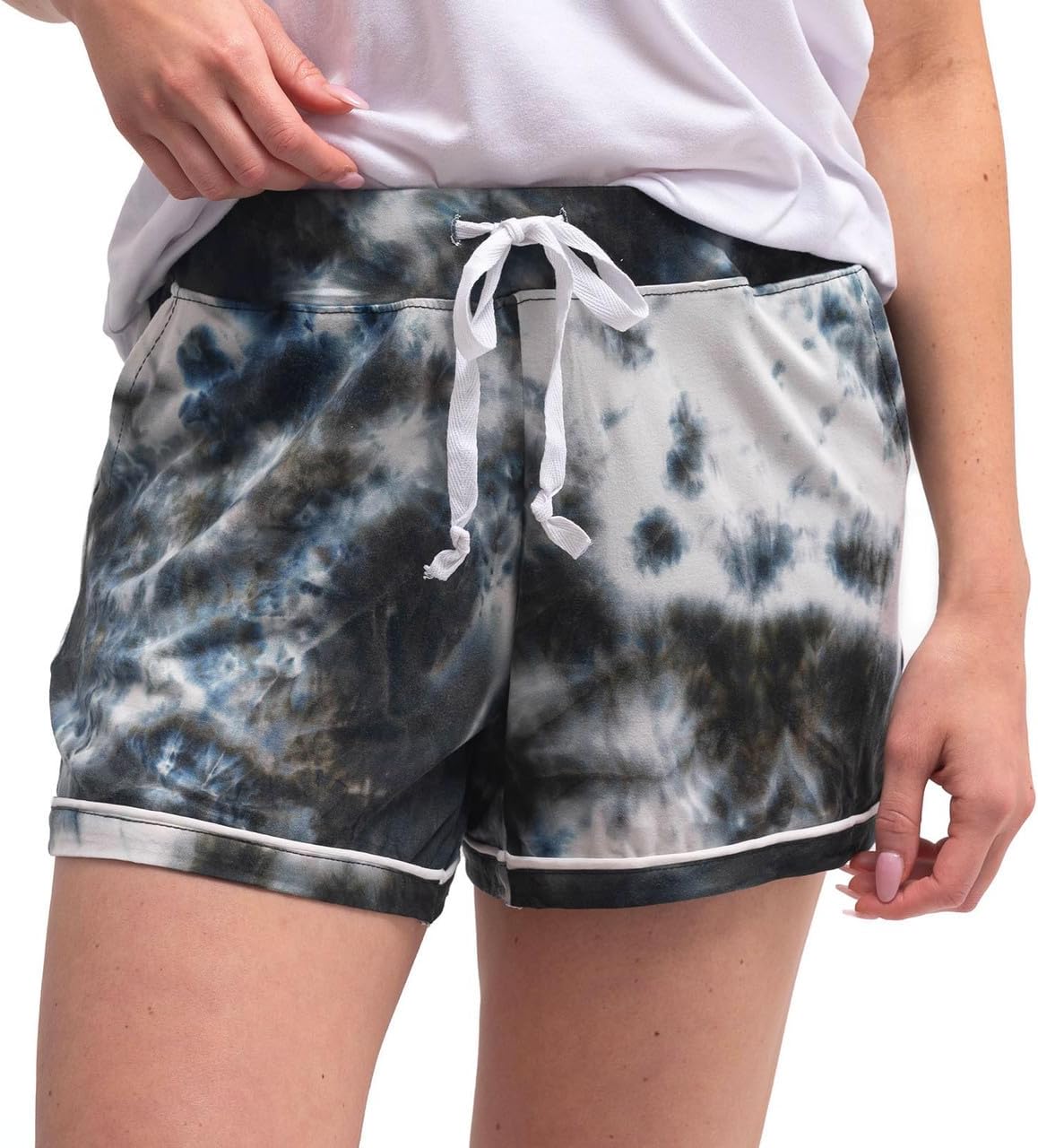 Hello Mello Dyes The Limit Soft Lounge Shorts 2.0 Womens Lightweight Pajama Bottoms with Side Pockets & Subtle Piping - Black, Medium/Large