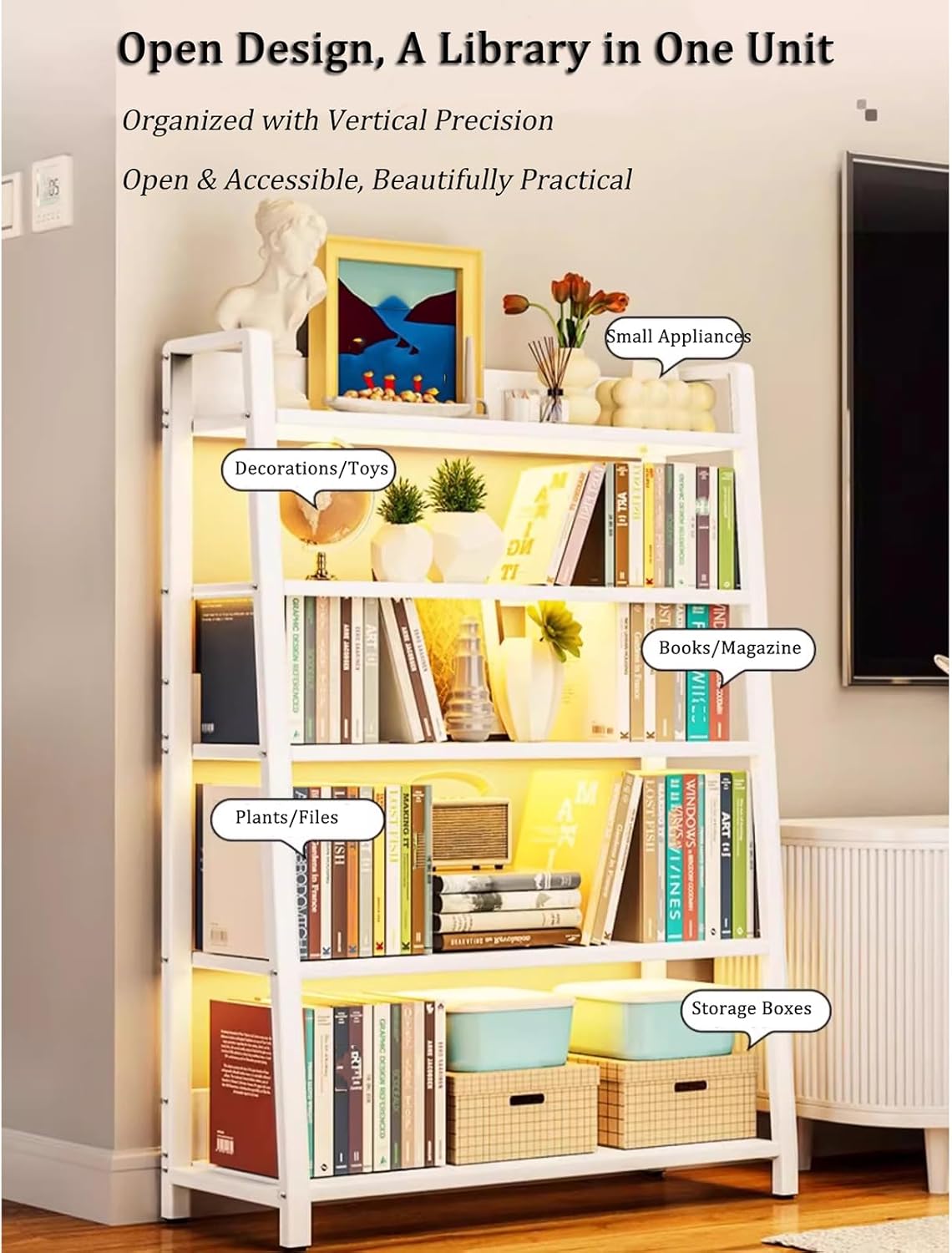 Ladder Shelf, 3/4/5-Tier Carbon Steel Bookshelf, Freestanding Storage Rack, Display Stand for Bedroom, Living Room, Home Office (White, 5-Tier 27.6in)