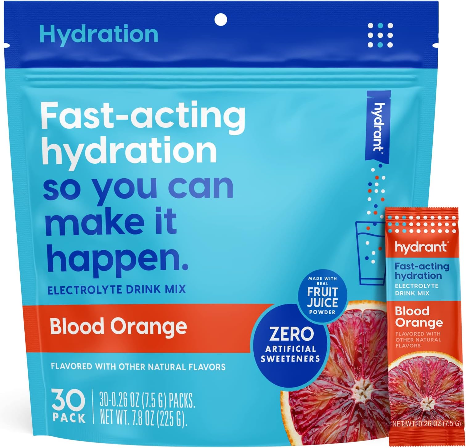Hydrant Rapid Hydration Drink Mix, Electrolyte Powder Packets with Zinc, Use for: Workout, Sweating, Travel & Heat Recovery, Vegan, Blood Orange Flavor (30 Pack)