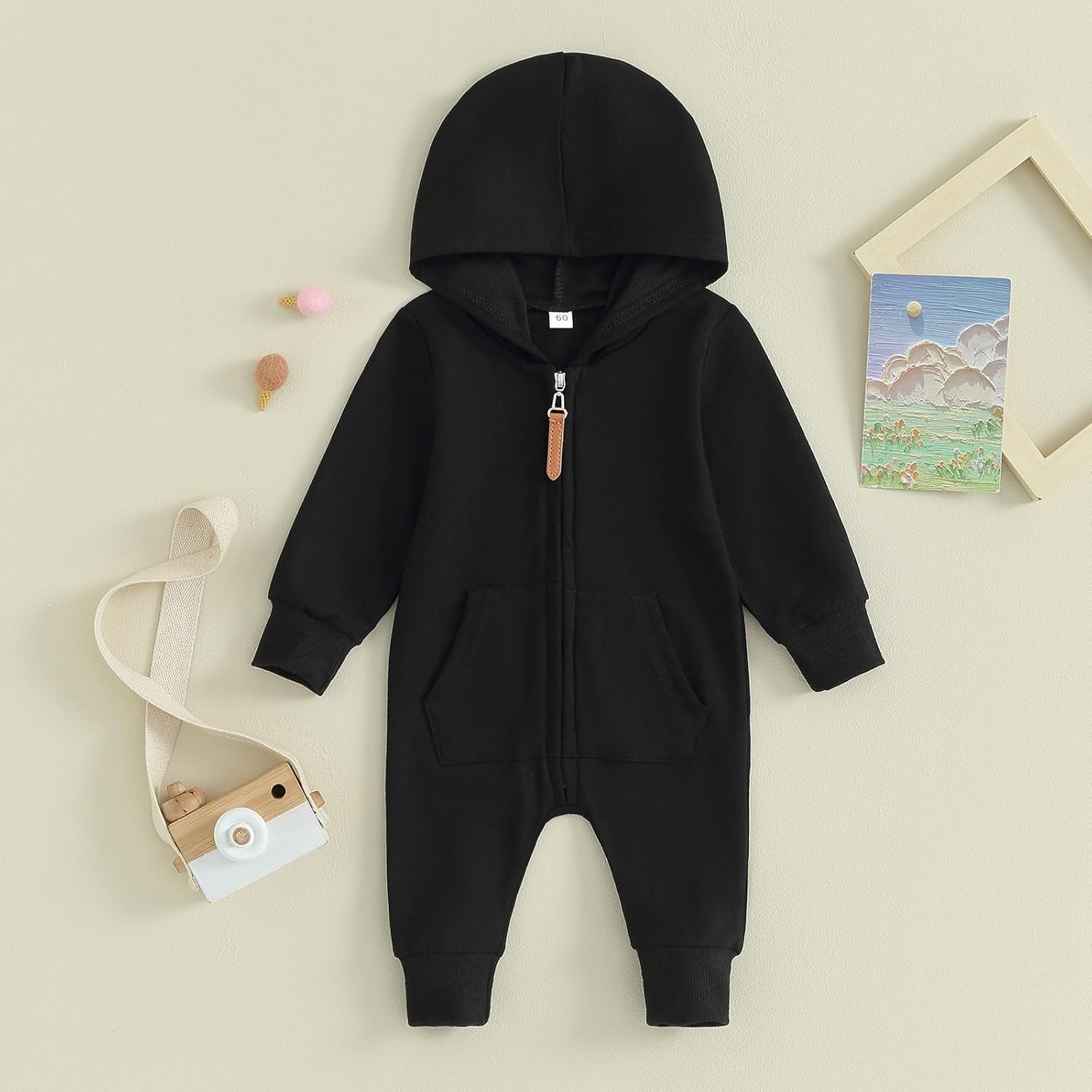 allshope Newborn Baby Boy Girl Fall Outfit Romper Long Sleeve Hooded Solid Zipper Jumpsuit Bodysuit Infant Clothes - Image 2