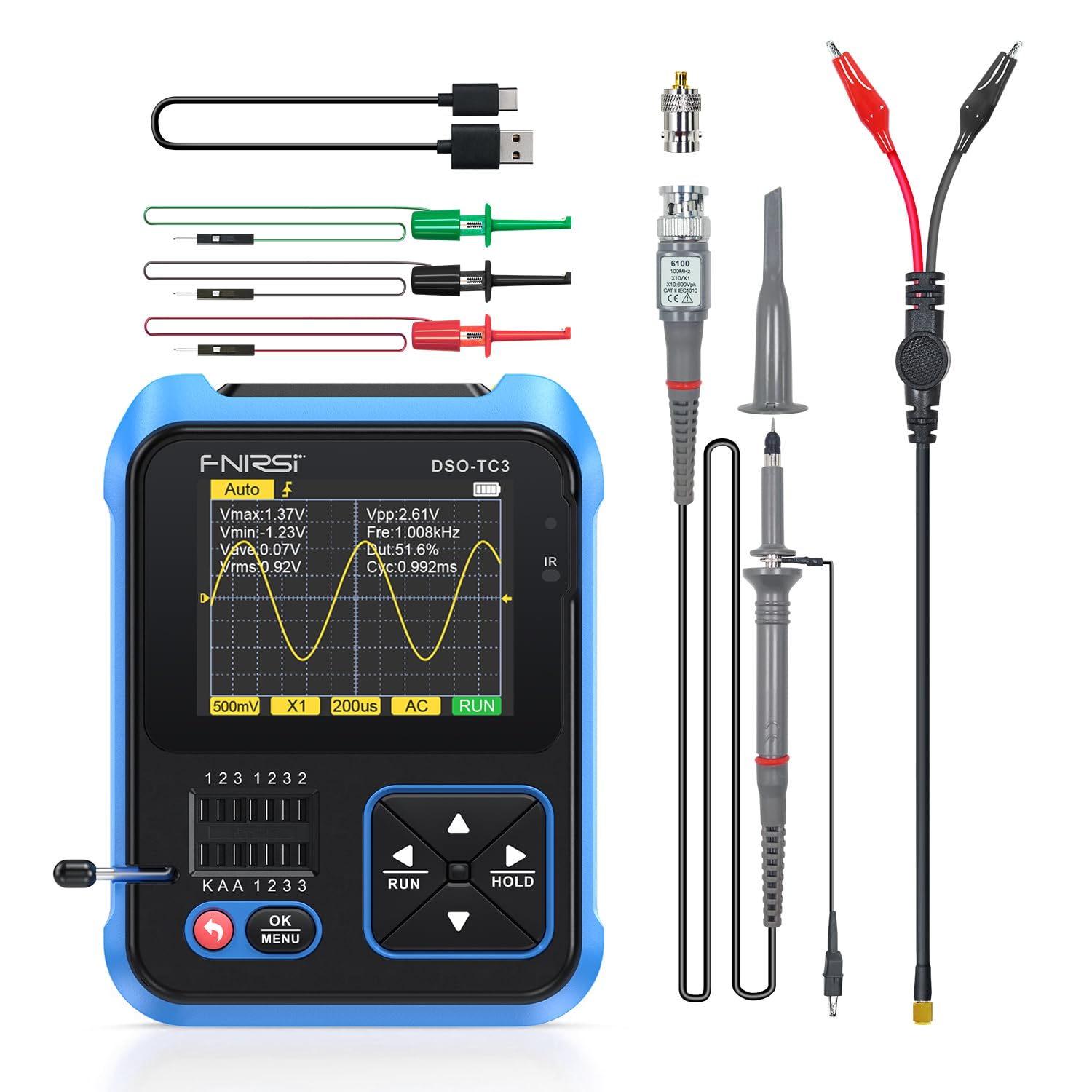 FNIRSI DSO-TC3 Oszilloskop – 3IN1 Handoszilloskop & DDS Signalgenerator & Transistortester, 500kHz Bandbreite, 10 MSa/s Abtastrate, 6 Arten von Wellenformen, Transistormessung