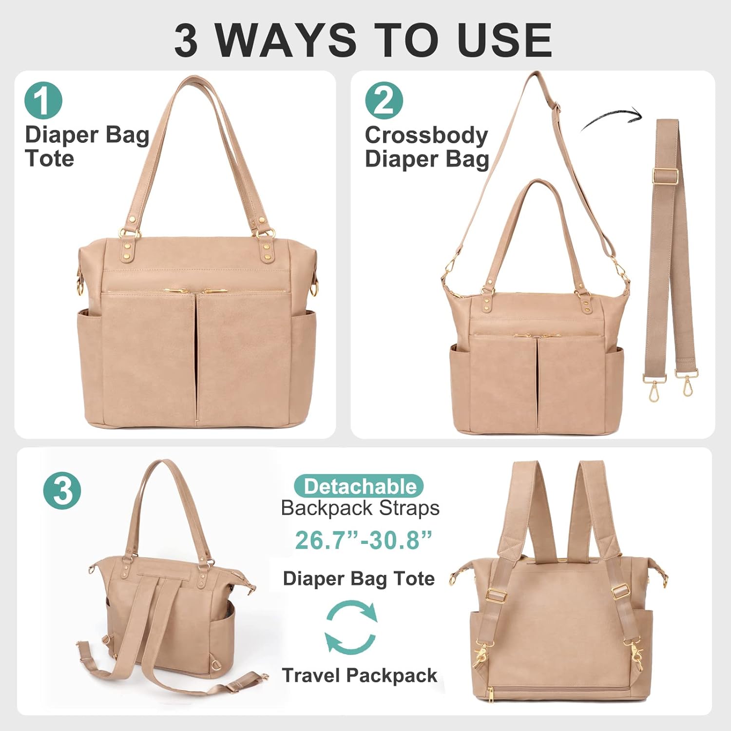 MOMINSIDE Diaper Bag Tote, Diaper Bag Organizing Pouches, Leather Baby Bag Backpack, Baby Registry Search, 14 pockets, 4 Insulated Pockets, Changing Station