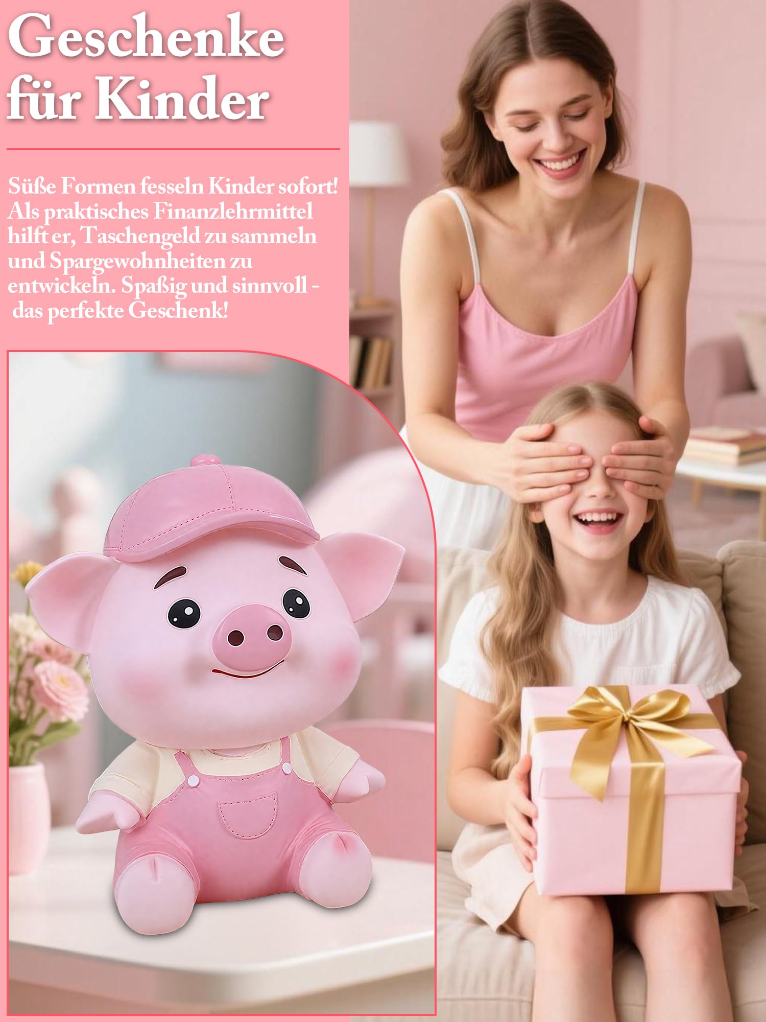 Spardose Kinder,Kawaii Kunststoff Sparschwein,Sparschwein Groß XXL mit openin für Banknote Münze Einsparungen,sparschwein Kinder Geschenk,Geburtstag Geschenke für Mädchen Jungen Erwachsene (rosa)