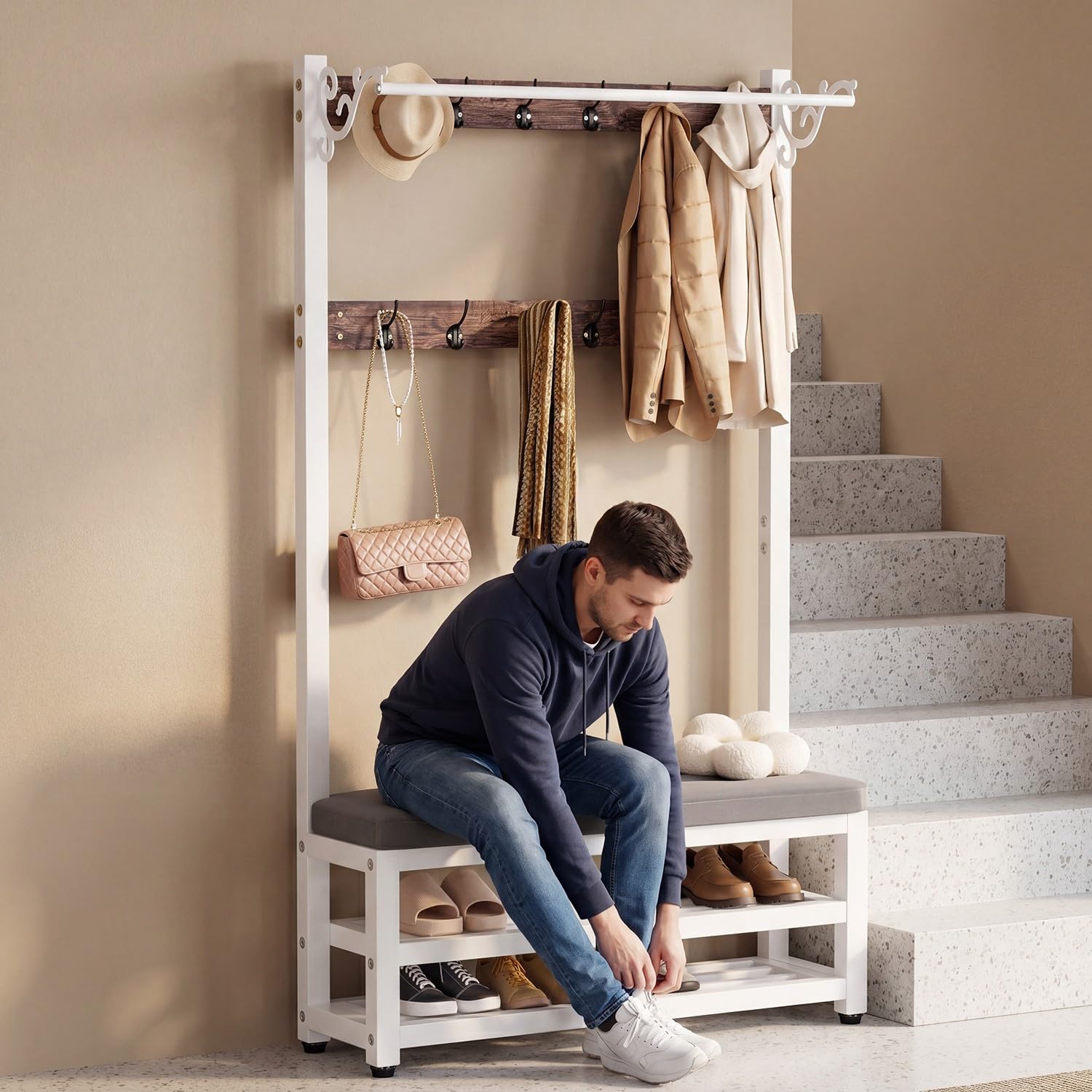 Attaccapanni da Ingresso con Panca e Scarpiera, Stand Appendiabiti 4 in 1 con 12 Ganci, Stile Industriale, Struttura Metallica Robusta, per Corridoio, 100x30x171cm