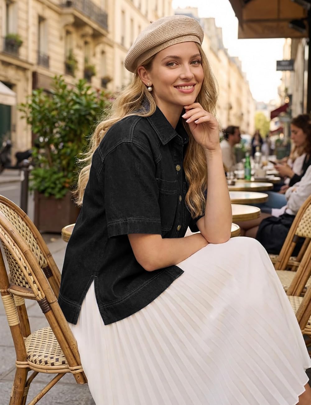 Women's Denim Shirt Button Down Jean Shirts Short Sleeve Blouses Casual Summer Tops Trendy Outfits 2026 Black X-Large