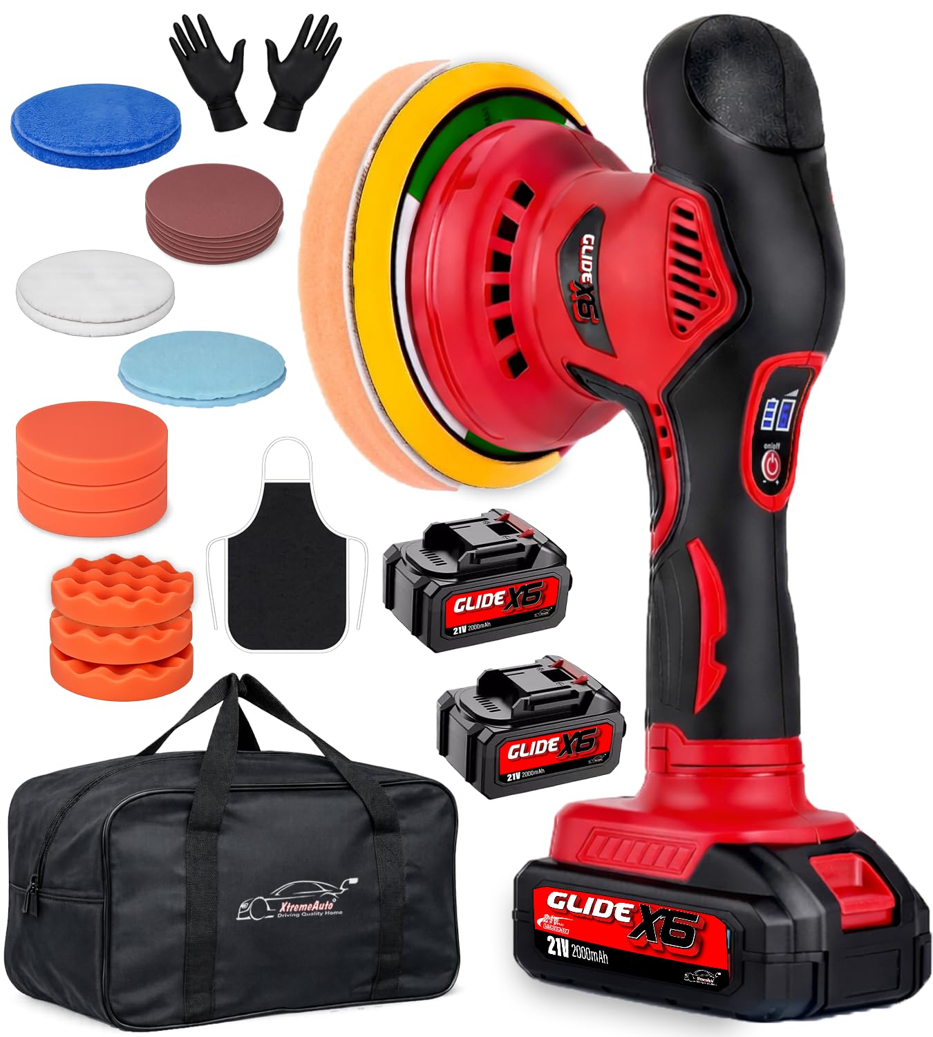 Xtremeauto Glide X6 Cordless Dual Action Car Polisher Kit – 21V Brushless Buffer & Waxing Machine with 2 Batteries, Variable Speed Orbital Polishing Tool for Car Detailing, Scratch Removal & Finishing