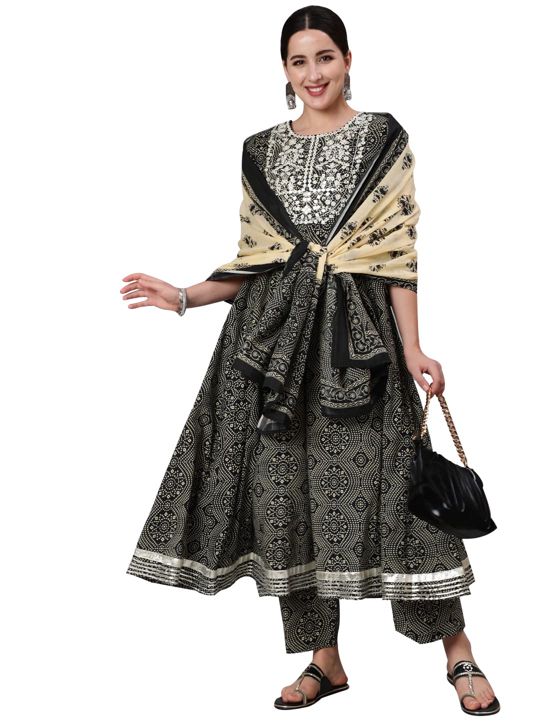 DREAMANGEL FASHION Womens Cotton Embroidered Party Wear Casual DressKurta and Palazzo with Dupatta