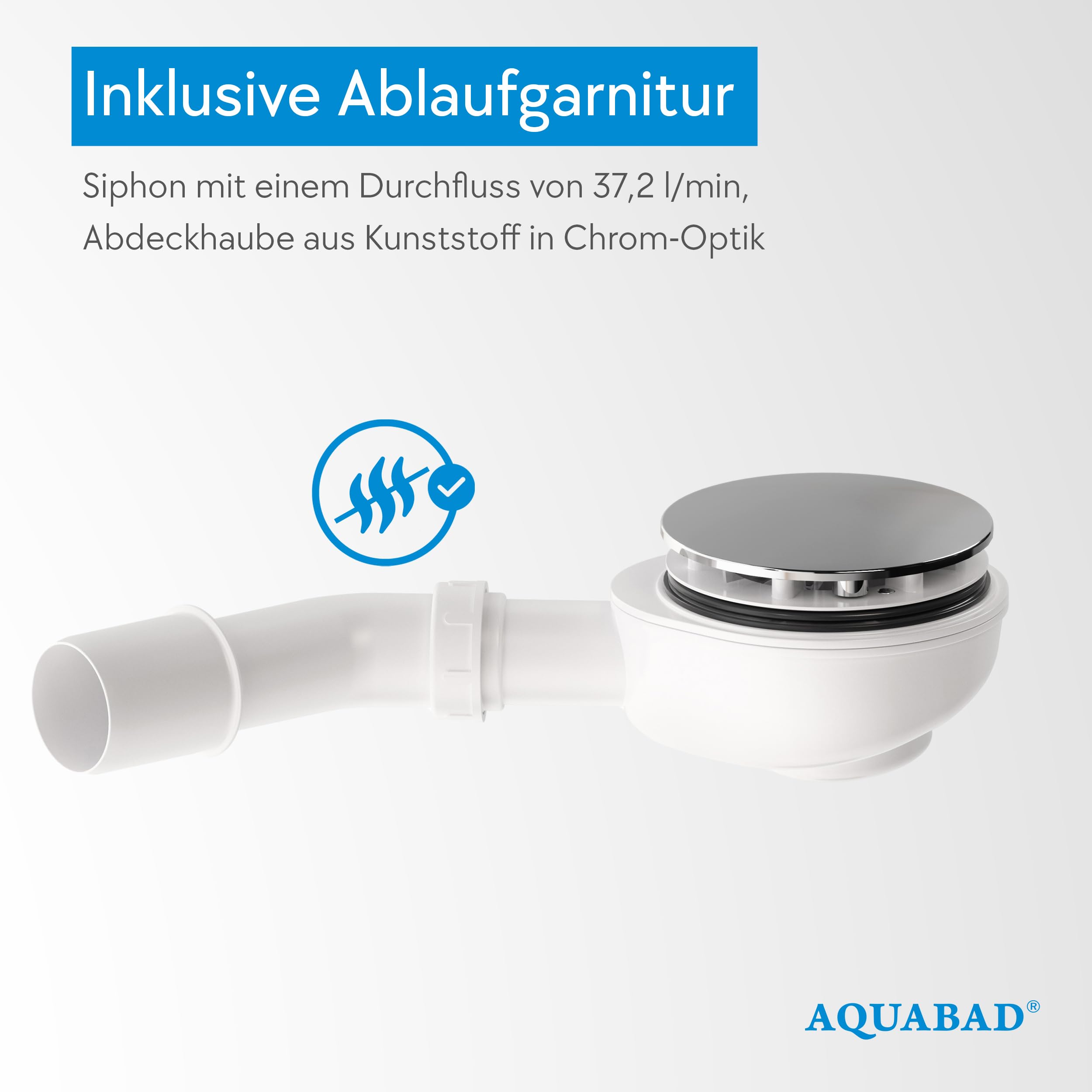 Receveur de douche AQUABAD Villa avec technologie LeakProtect Smooth White 80x80cm quart de cercle R55, avec bonde d’évacuation A9.200