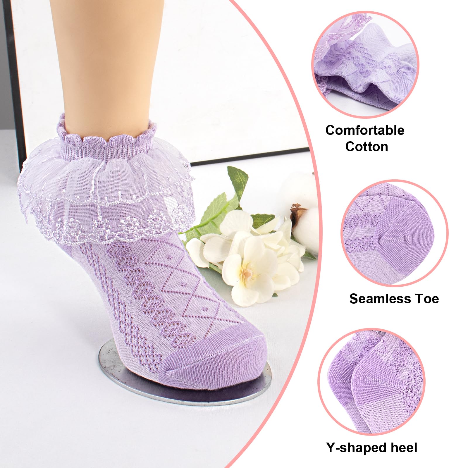 Meeshine 5 Pairs Baby Toddler Girls Ruffle Lace Socks Eyelet Frilly Mesh Cotton Princess Dress Ankle Socks for 2-9T