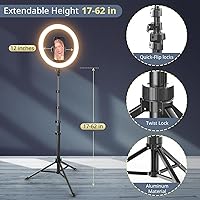 Vista 3 de UBeesize - Anillo de luz para selfies de 12" con soporte de trípode extensible de 62" y control remoto, luz LED circular con soporte para teléfono