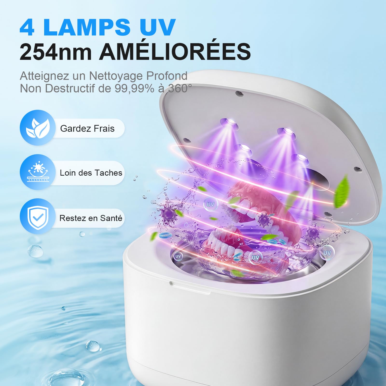 Nettoyeur Ultrasons Pour Prothèses Dentaires 45kHz Haute Fréquence UV 3 Modes 200ML Réservoir INOX 304