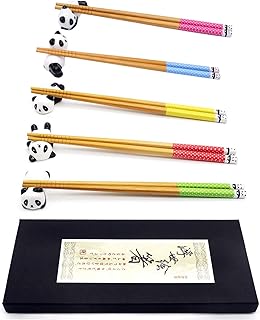Chopsticks and Chopstick Rest Set, Cute Panda Chopsticks Holder 5 Pcs, Classic Japanese Style Bamboo Natural Reusable Chop...