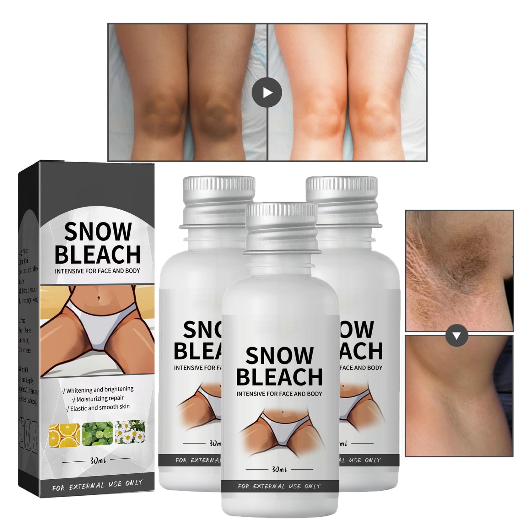 XIRUJNFD Crema de Blanqueamiento de Nieve para áreas Privadas, Crema de Blanqueamiento de Piel Oscura con Manchas Oscuras, Crema de Blanqueamiento de Nieve para Cuello, Axilas, Rodillas y Codos (3P)