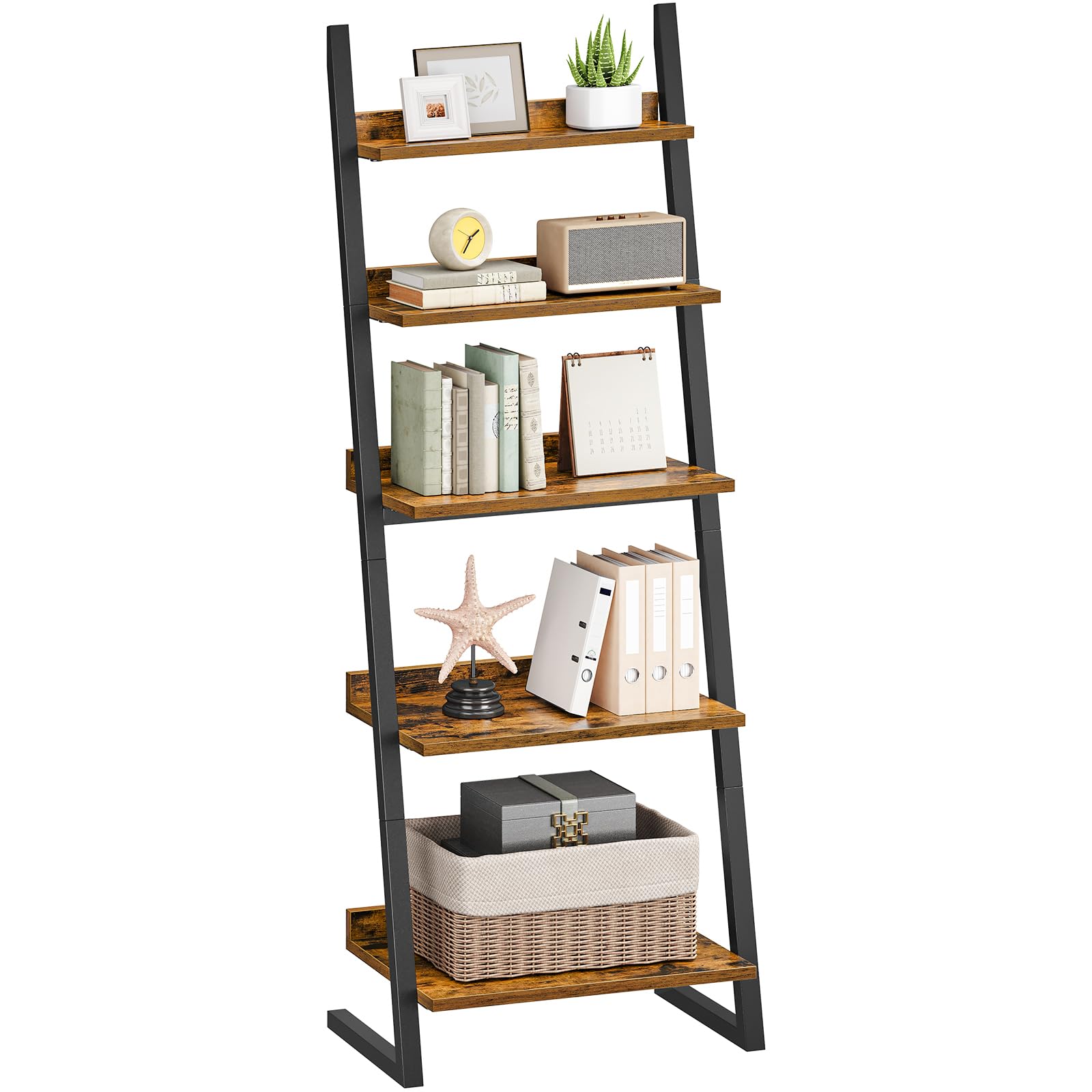 HOOBRO 5-stöckiges Schmales Regal, Bücherregal, Standregal, Leiterregal, kleines Eckregal, Lagerregal für Wohnzimmer, Arbeitszimmer, Balkon, Schlafzimmer, Vintagebraun und Schwarz EBF150CJ01